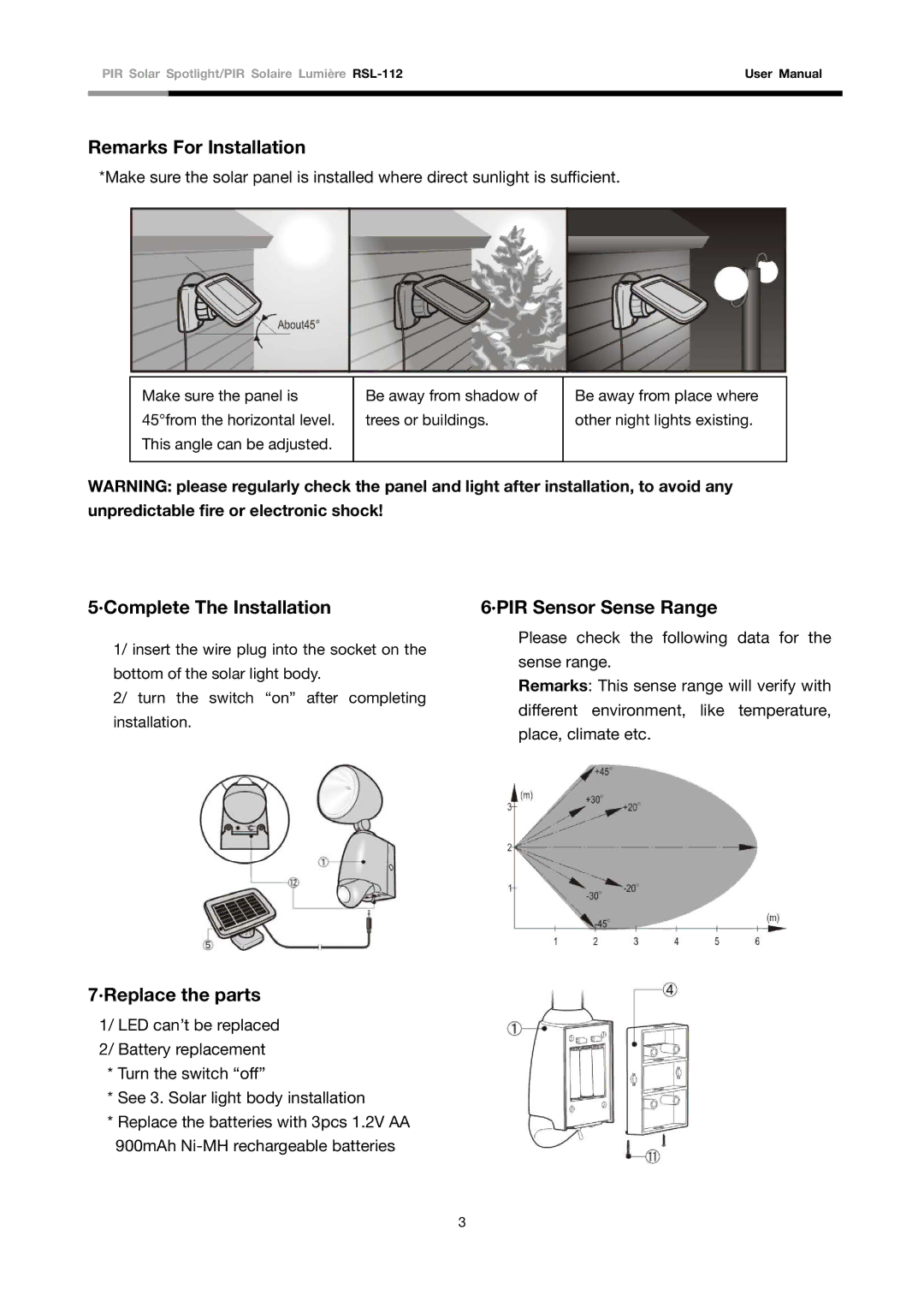 Rosewill RSL-112 user manual ·Complete The Installation ·PIR Sensor Sense Range, ·Replace the parts 