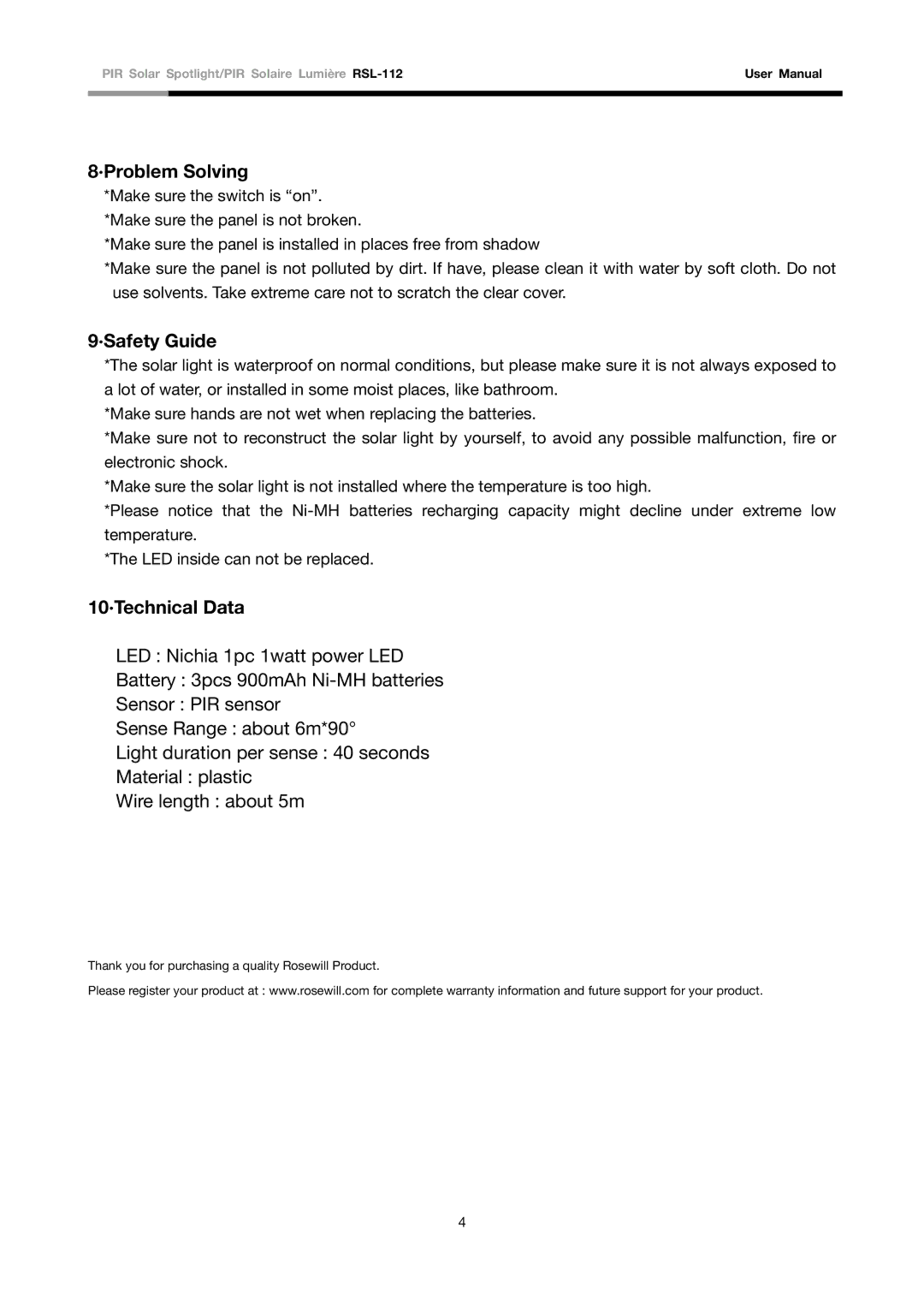 Rosewill RSL-112 user manual ·Problem Solving, ·Safety Guide, 10·Technical Data 