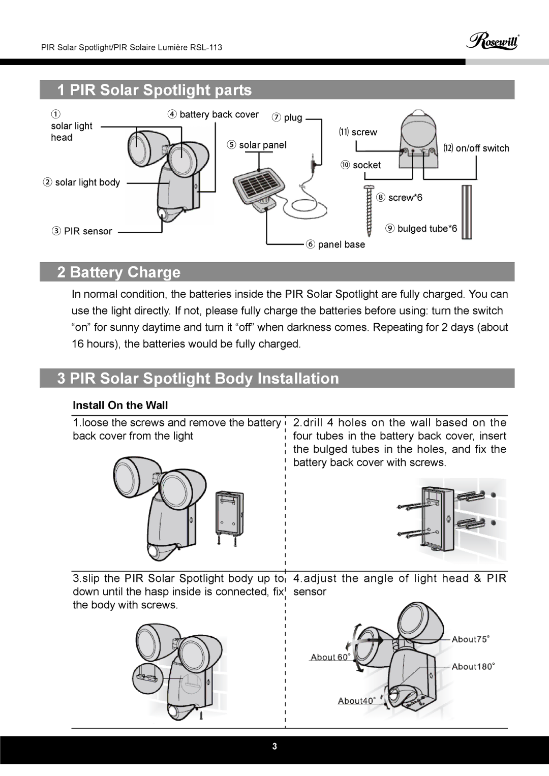 Rosewill RSL-113 PIR Solar Spotlight parts, Battery Charge, PIR Solar Spotlight Body Installation, Install On the Wall 