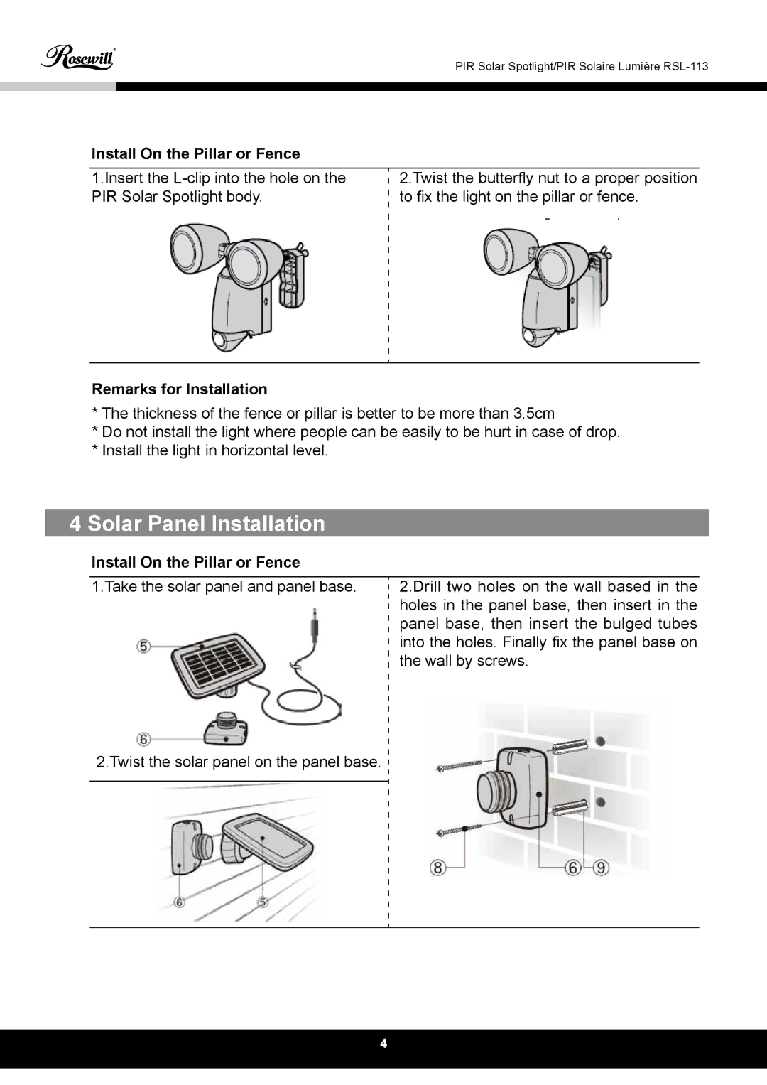 Rosewill RSL-113 user manual Solar Panel Installation, Install On the Pillar or Fence, Remarks for Installation 