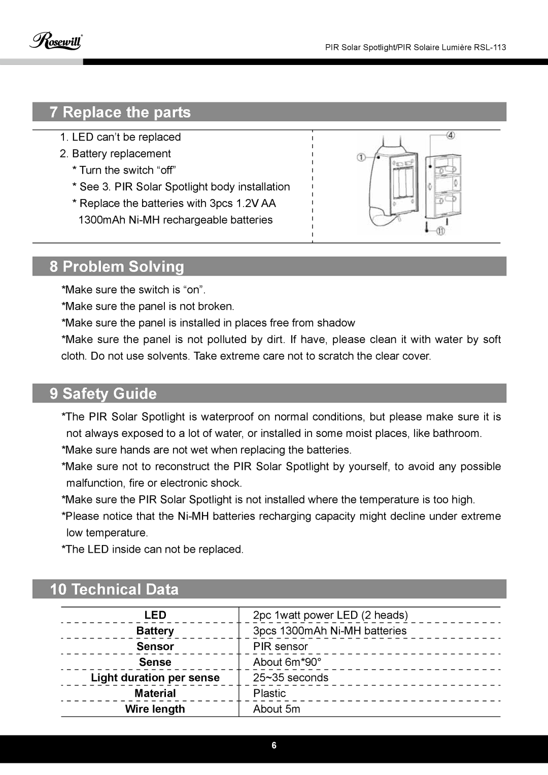 Rosewill RSL-113 user manual Replace the parts, Problem Solving, Safety Guide, Technical Data 