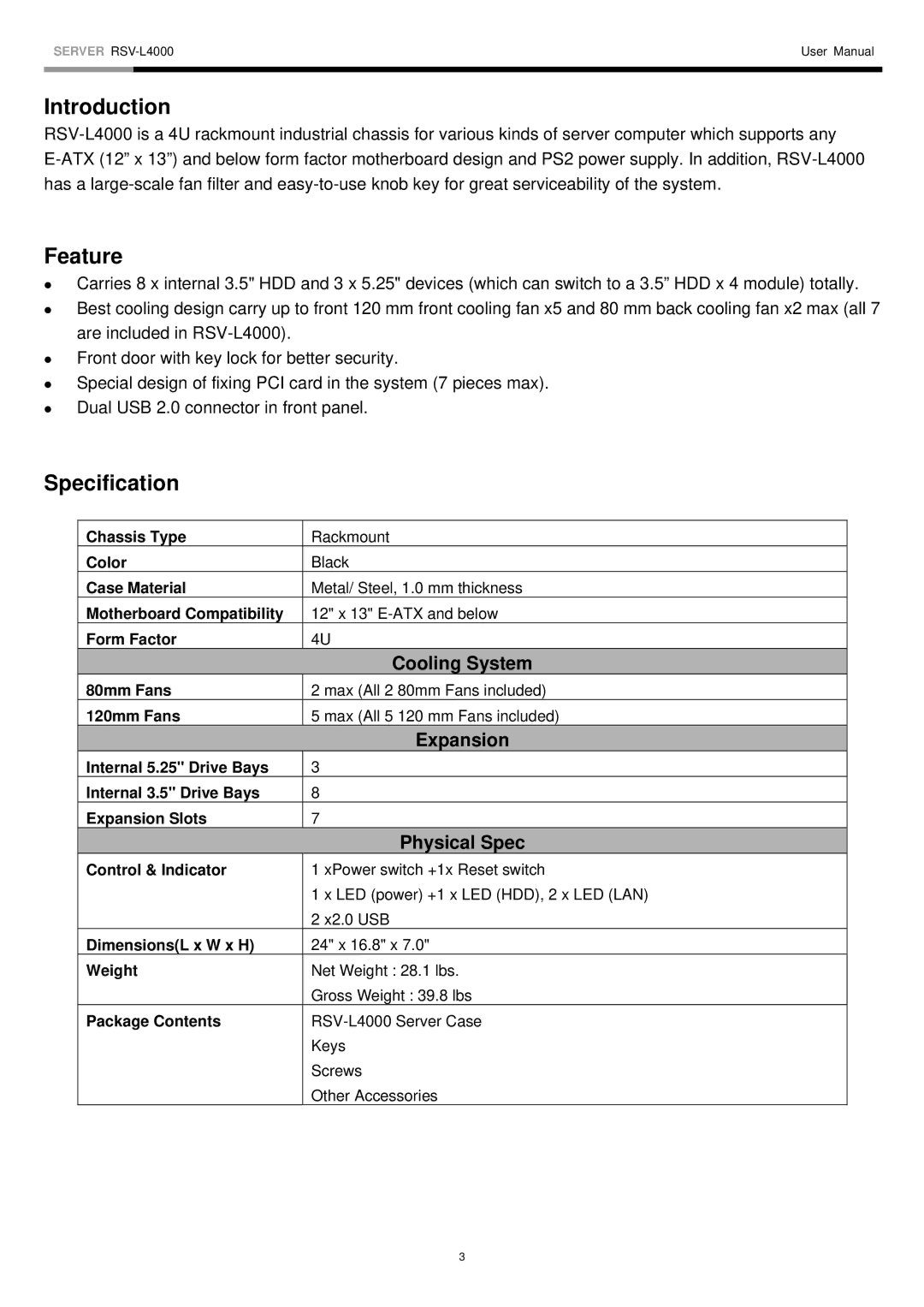 Rosewill RSV-L4000 user manual Introduction, Feature, Specification 