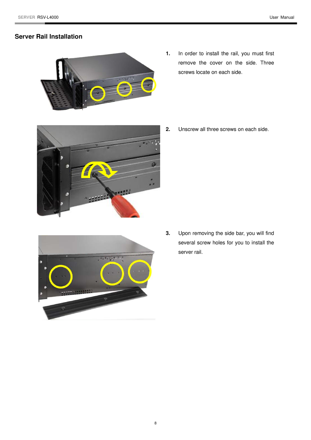 Rosewill RSV-L4000 user manual Server Rail Installation 