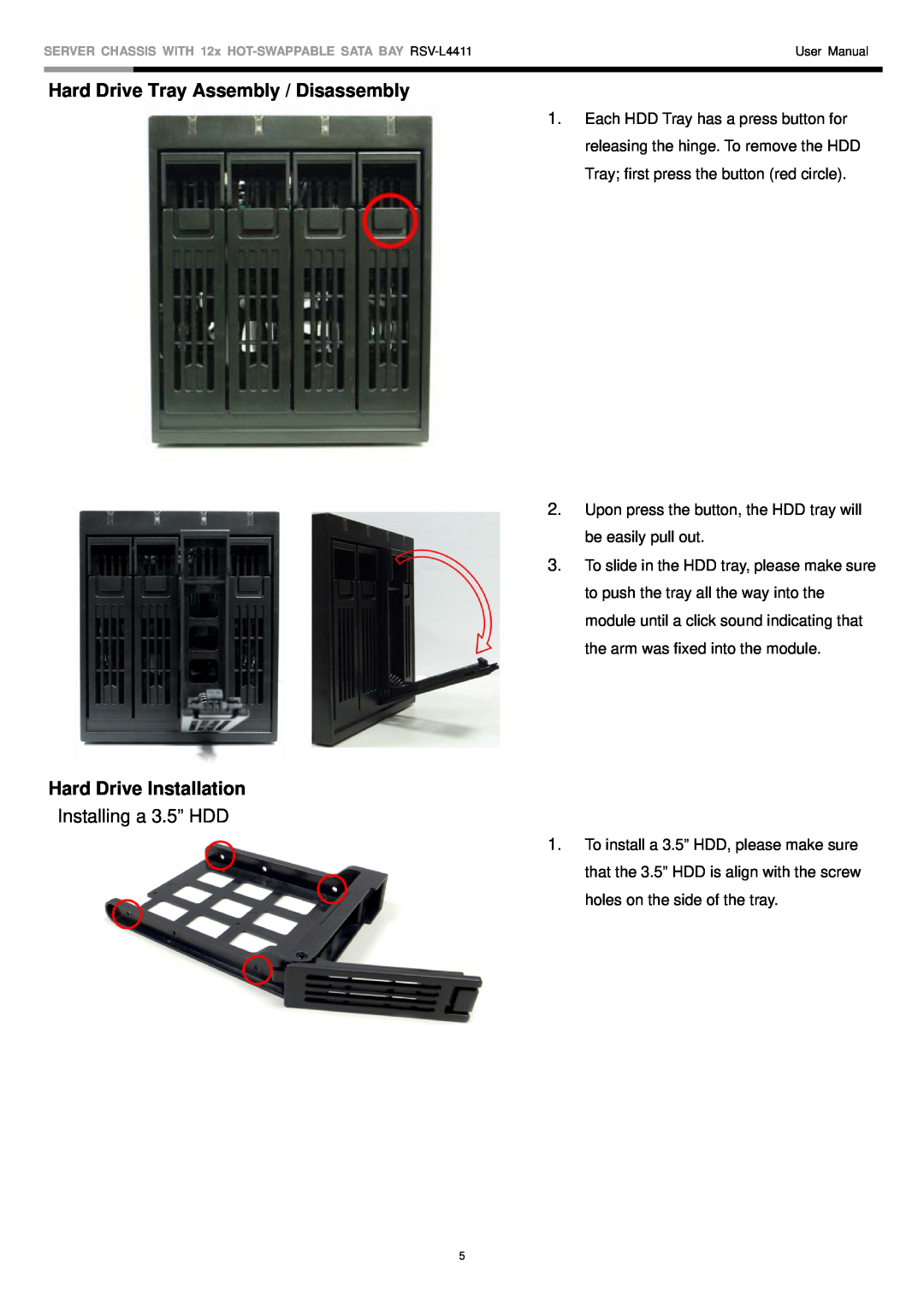 Rosewill RSV-L4411 user manual Hard Drive Tray Assembly / Disassembly, Hard Drive Installation 