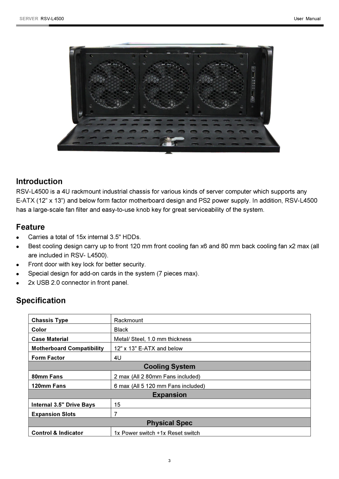 Rosewill RSV-L4500 user manual Introduction, Feature, Specification, Physical Spec 