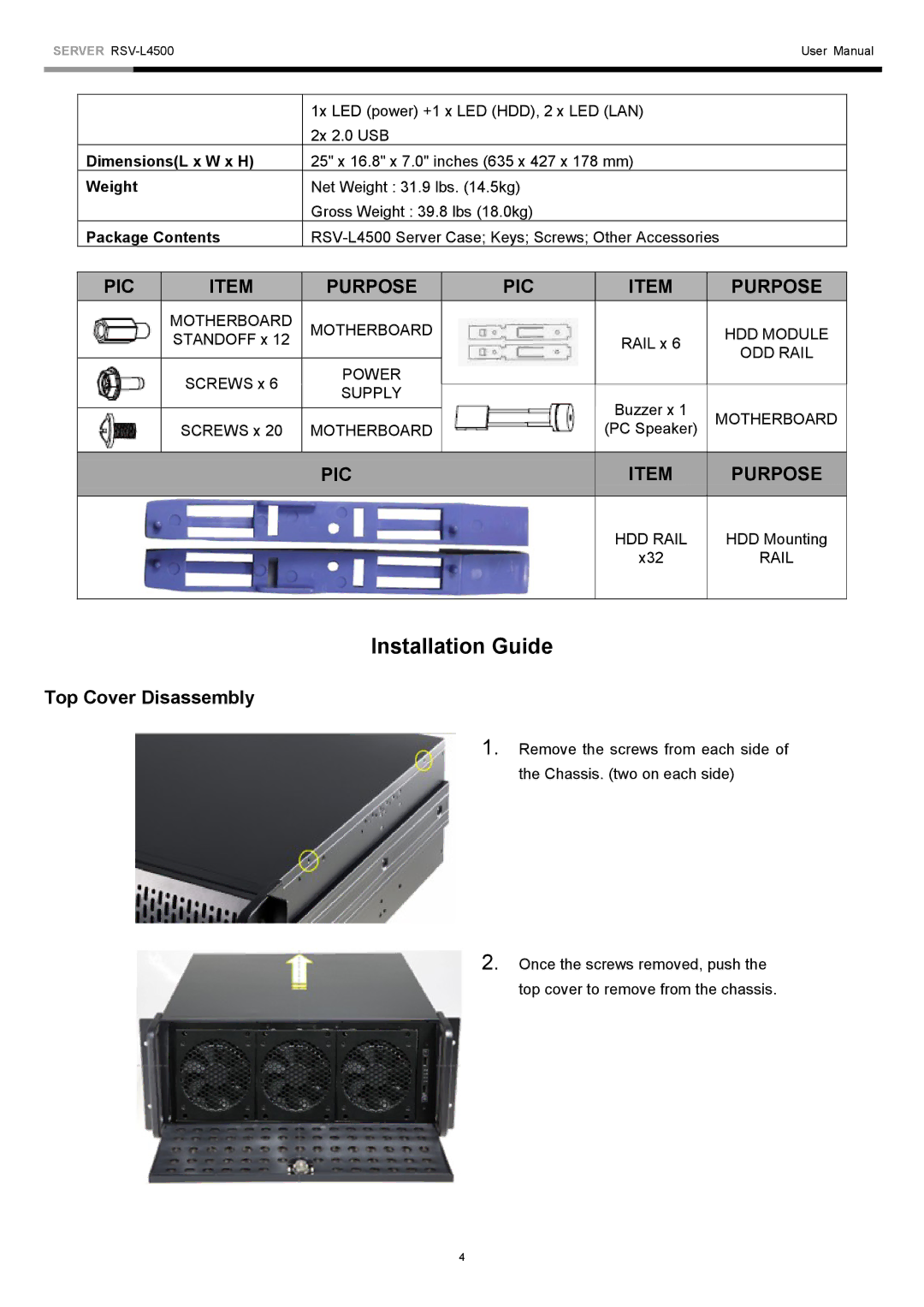 Rosewill RSV-L4500 user manual Installation Guide, Top Cover Disassembly 