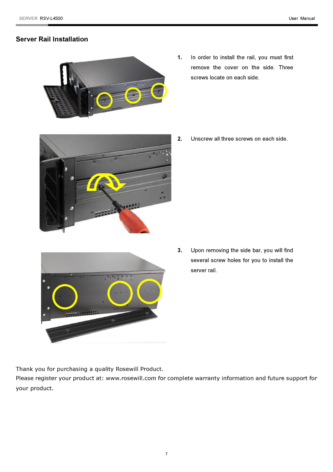 Rosewill RSV-L4500 user manual Server Rail Installation 