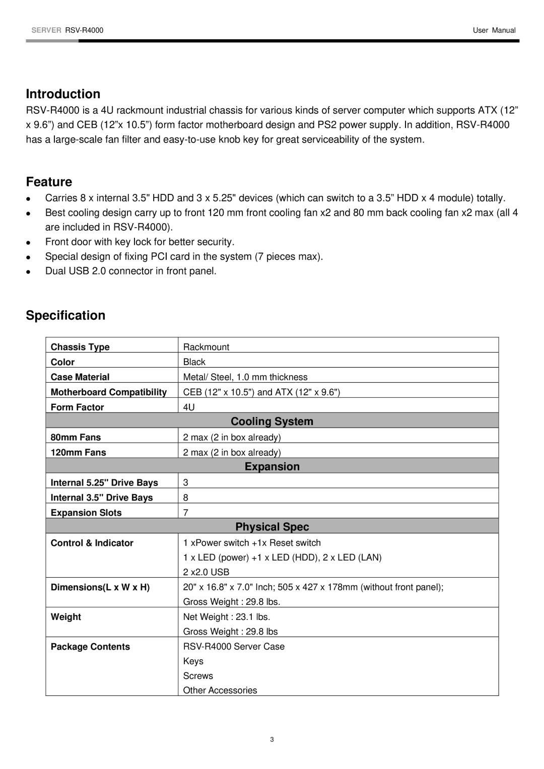 Rosewill RSV-R4000 user manual Introduction, Feature, Specification 