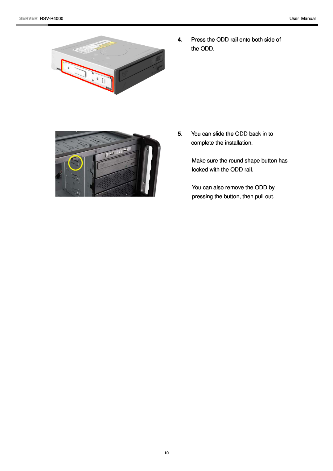 Rosewill user manual Press the ODD rail onto both side of the ODD, SERVER RSV-R4000, User Manual 
