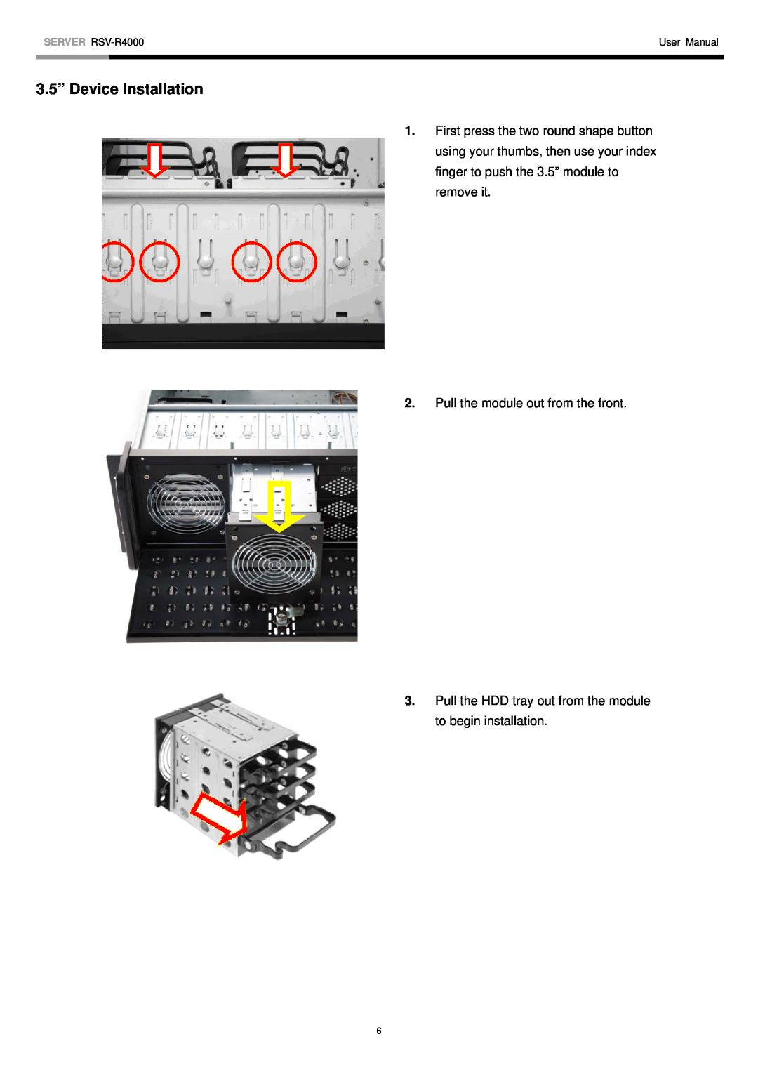 Rosewill user manual 3.5” Device Installation, Pull the module out from the front, SERVER RSV-R4000, User Manual 