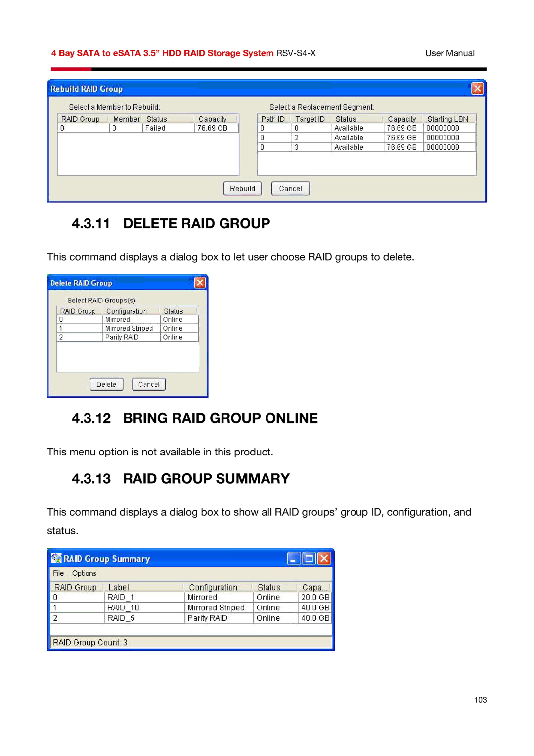 Rosewill RSV-S4-X user manual Delete RAID Group, Bring RAID Group Online, RAID Group Summary 