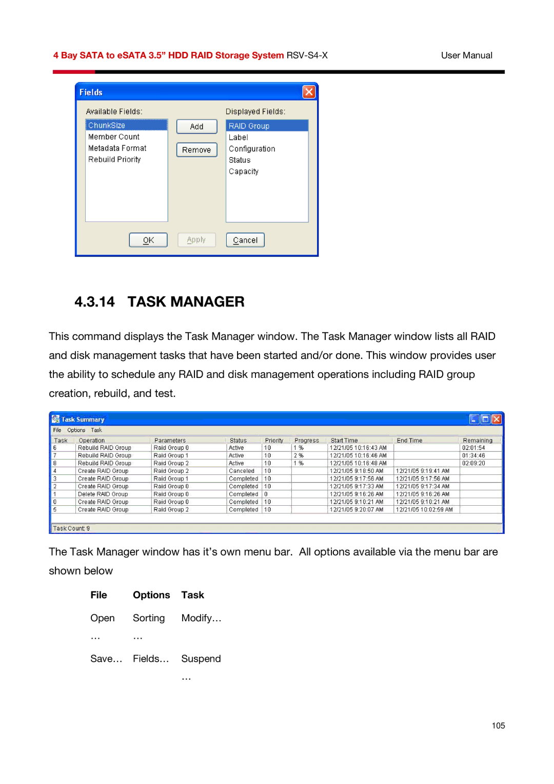 Rosewill RSV-S4-X user manual Task Manager, File Options Task 