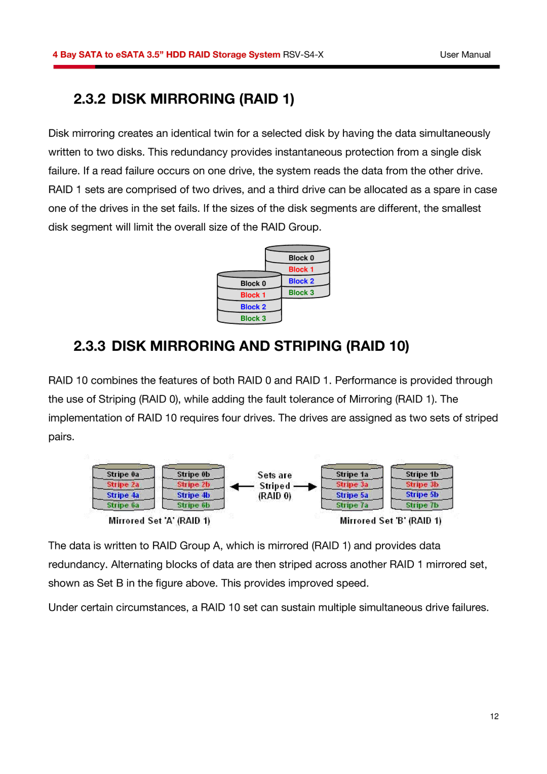 Rosewill RSV-S4-X user manual Disk Mirroring RAID, Disk Mirroring and Striping RAID 