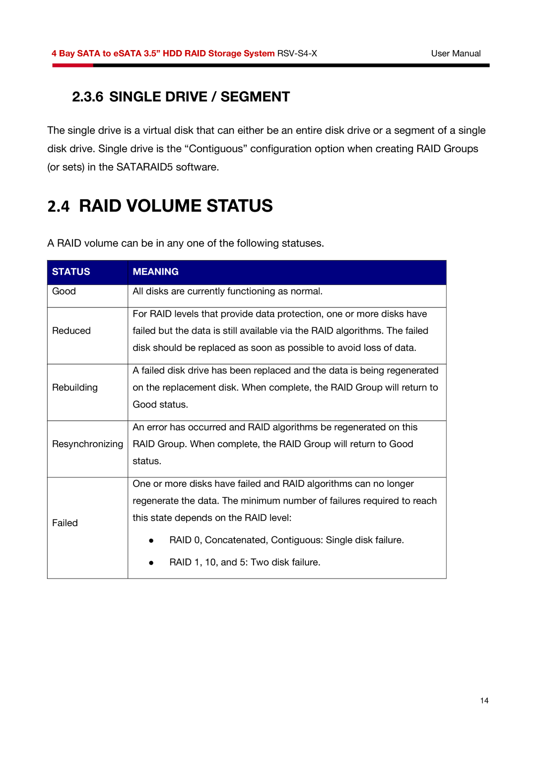 Rosewill RSV-S4-X user manual RAID Volume Status, Single Drive / Segment 