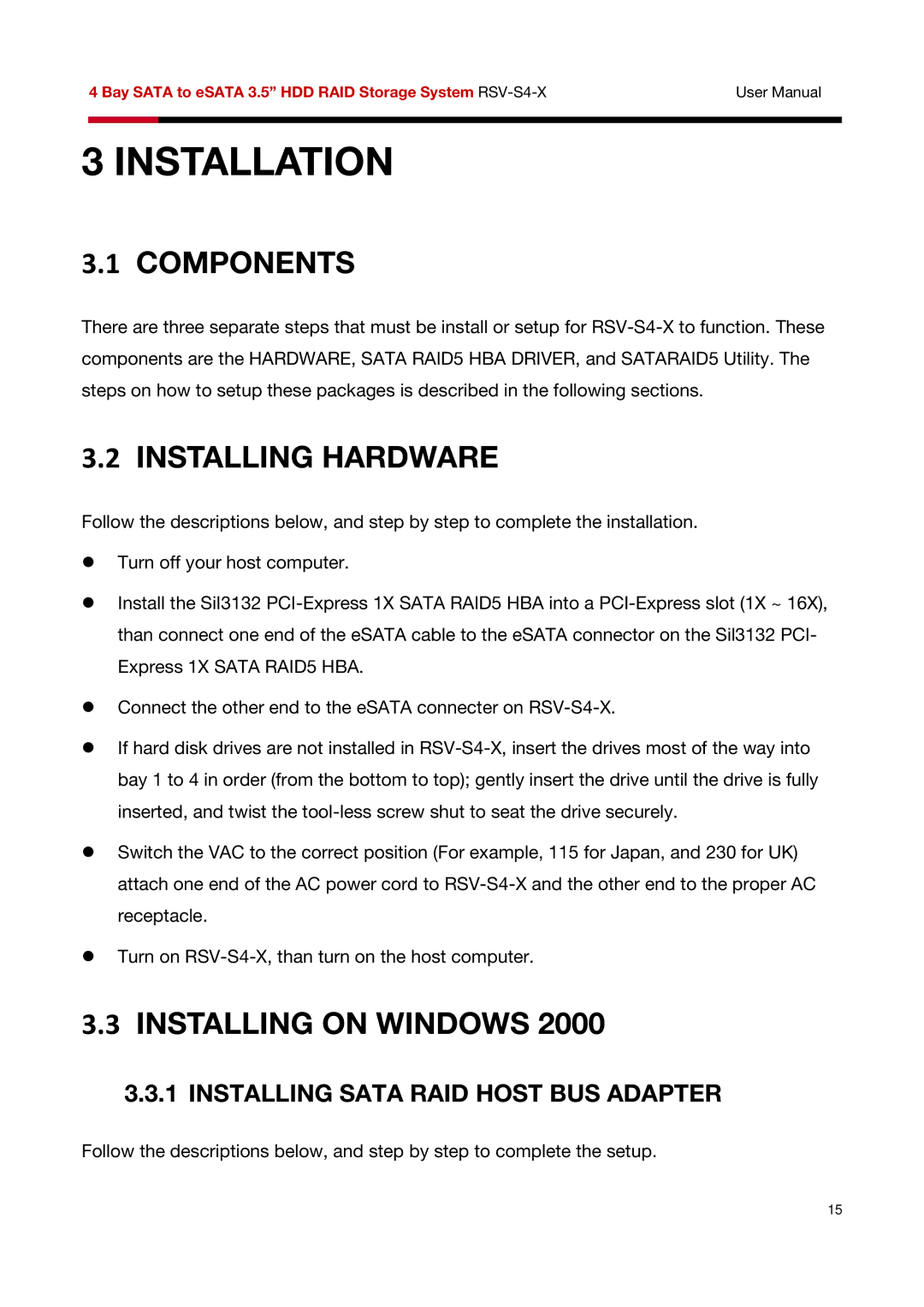 Rosewill RSV-S4-X user manual Components, Installing Hardware, Installing on Windows, Installing Sata RAID Host BUS Adapter 