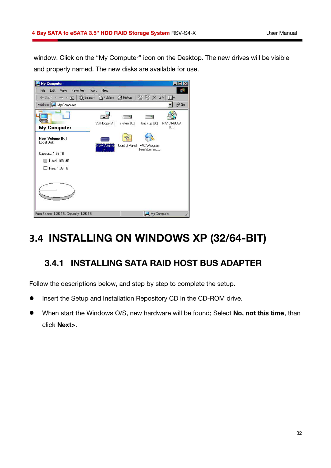 Rosewill RSV-S4-X user manual Installing on Windows XP 32/64-BIT, Installing Sata RAID Host BUS Adapter 