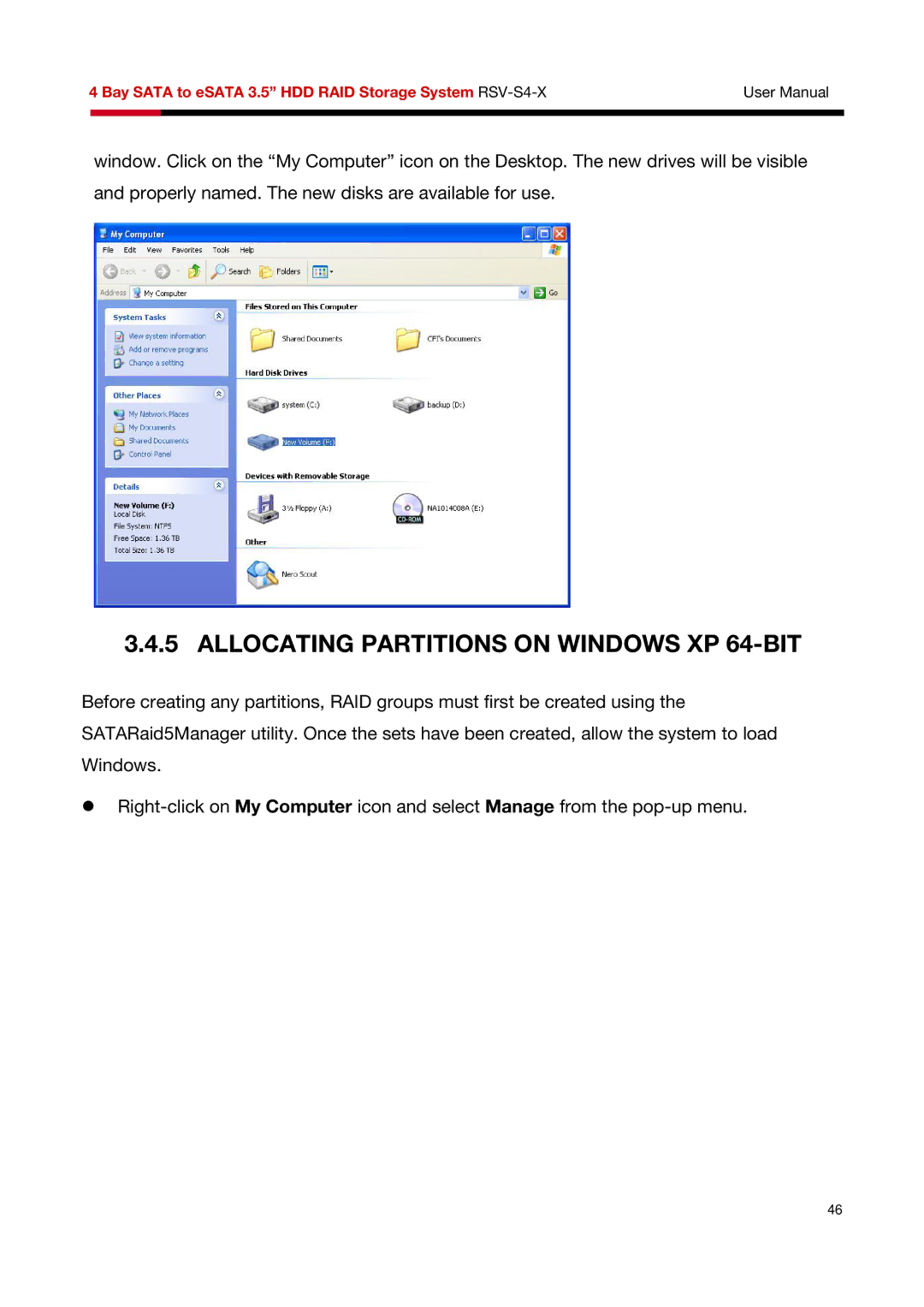 Rosewill RSV-S4-X user manual Allocating Partitions on Windows XP 64-BIT 