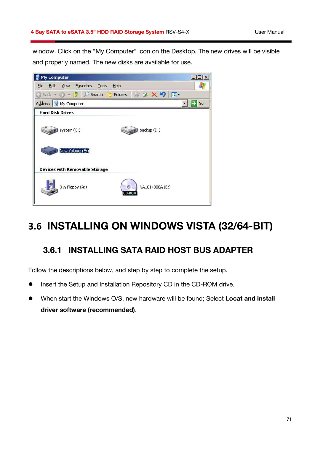 Rosewill RSV-S4-X user manual Installing on Windows Vista 32/64-BIT, Installing Sata RAID Host BUS Adapter 