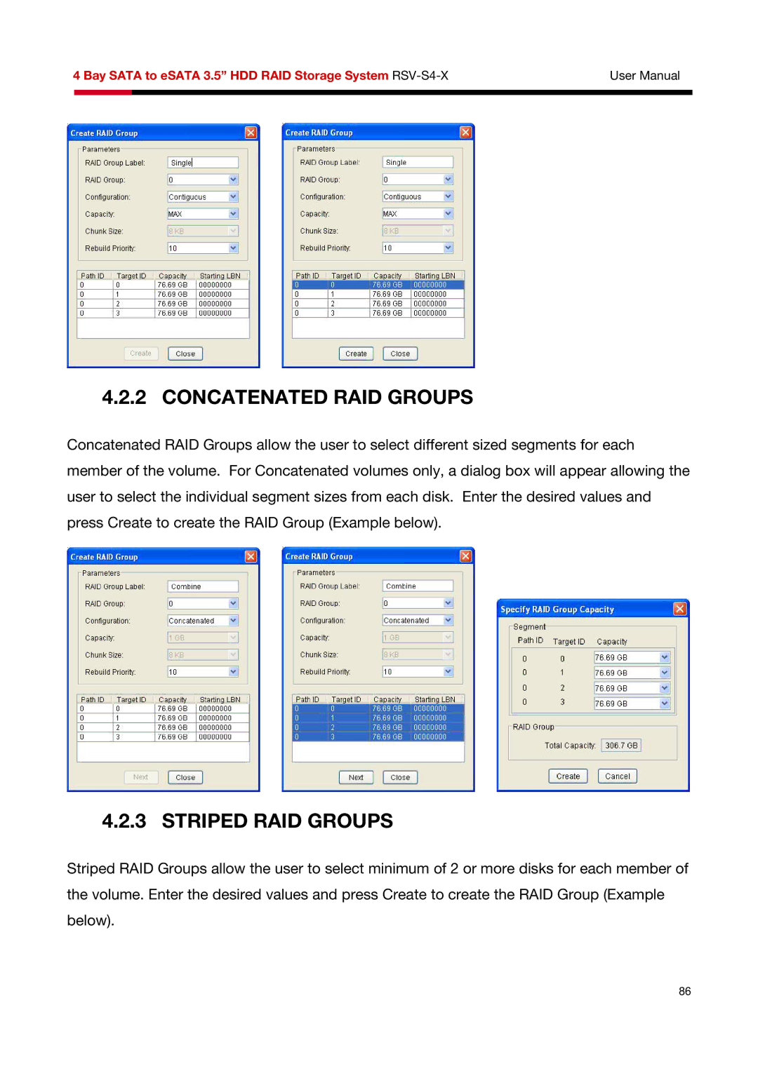 Rosewill RSV-S4-X user manual Concatenated RAID Groups, Striped RAID Groups 