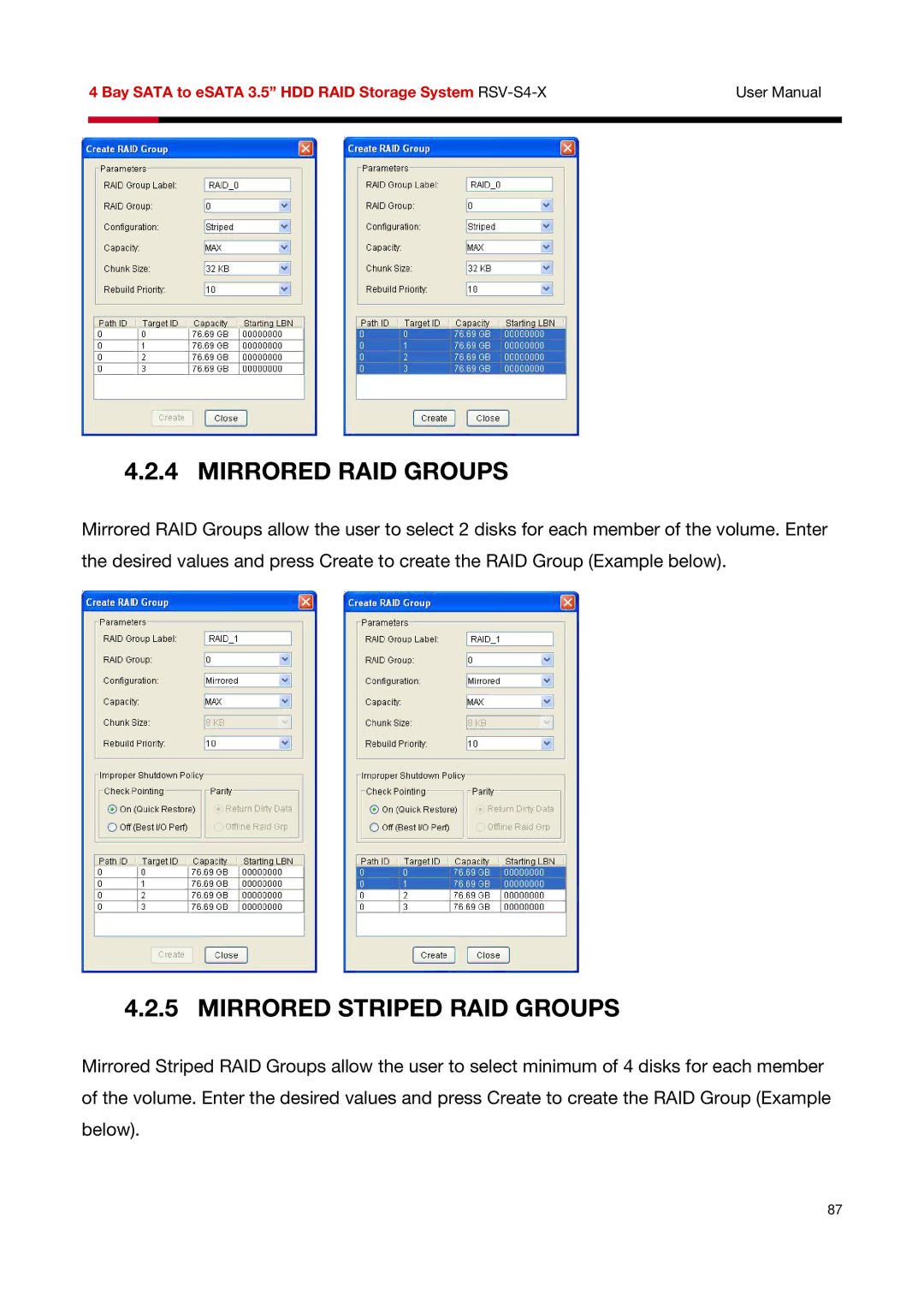 Rosewill RSV-S4-X user manual Mirrored RAID Groups, Mirrored Striped RAID Groups 