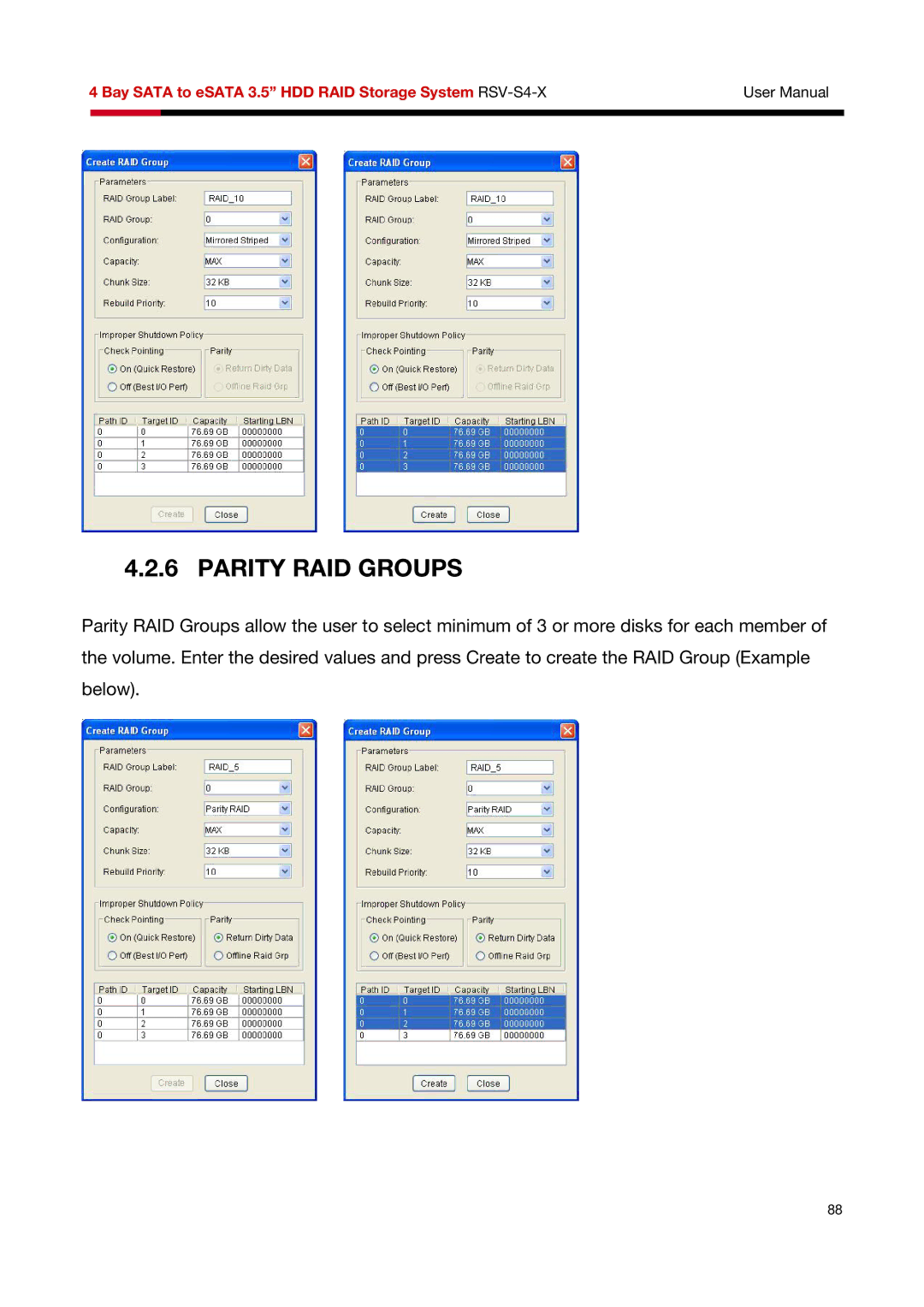 Rosewill RSV-S4-X user manual Parity RAID Groups 