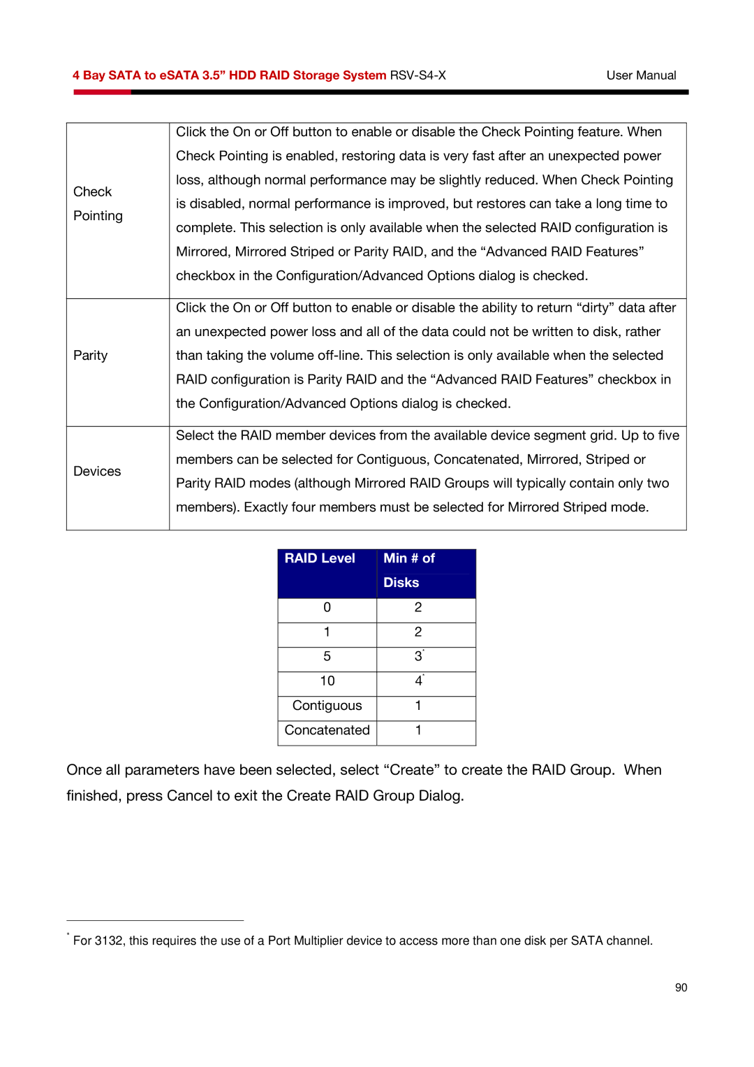 Rosewill RSV-S4-X user manual RAID Level Min # Disks 