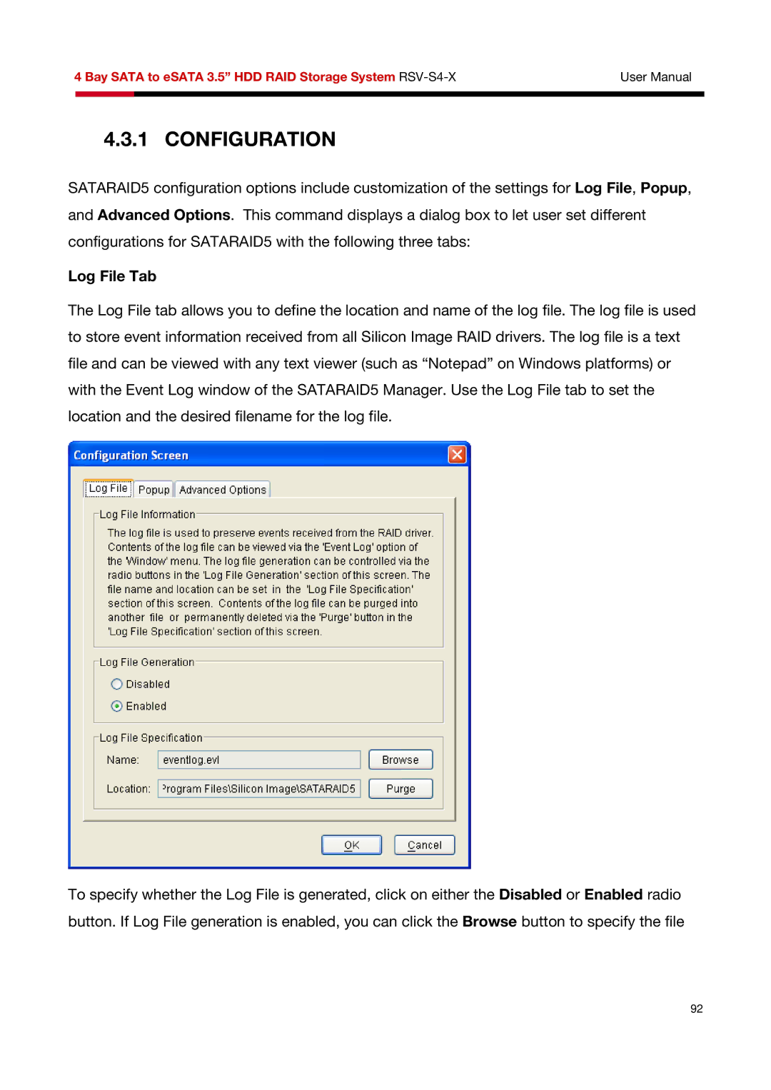 Rosewill RSV-S4-X user manual Configuration, Log File Tab 