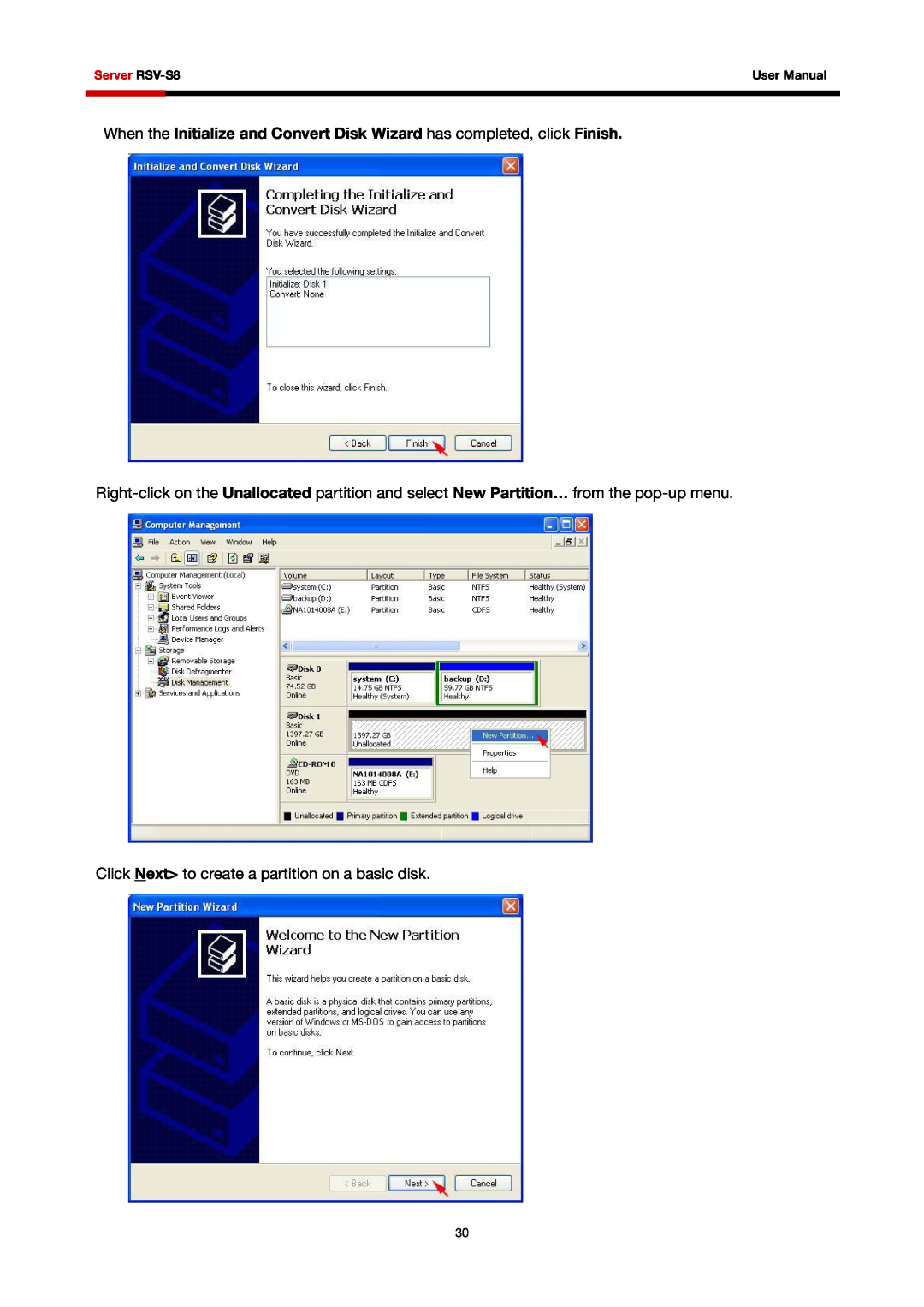Rosewill user manual Click Next to create a partition on a basic disk, Server RSV-S8, User Manual 
