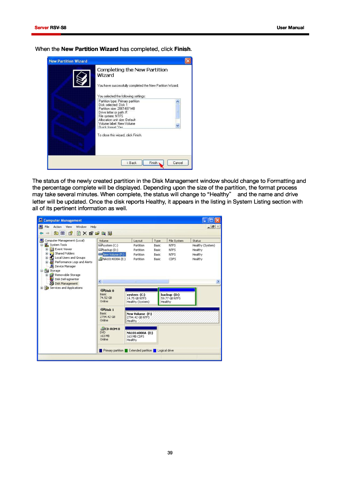 Rosewill RSV-S8 user manual When the New Partition Wizard has completed, click Finish 