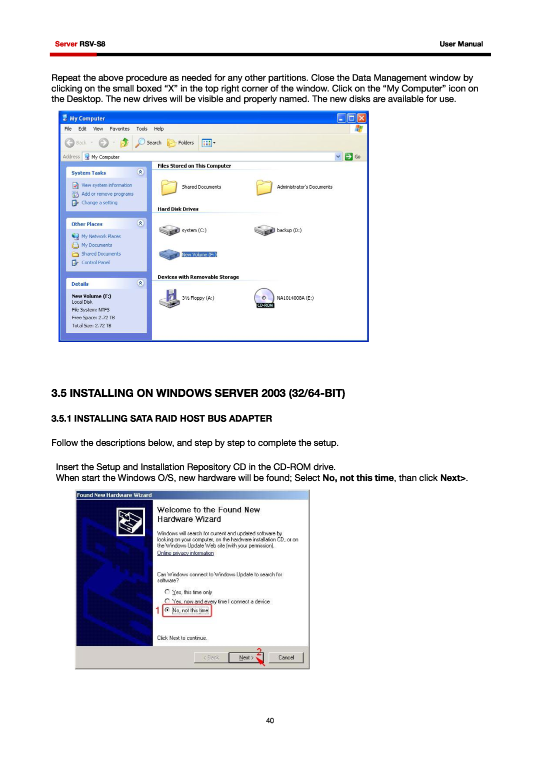 Rosewill RSV-S8 user manual INSTALLING ON WINDOWS SERVER 2003 32/64-BIT, Installing Sata Raid Host Bus Adapter 