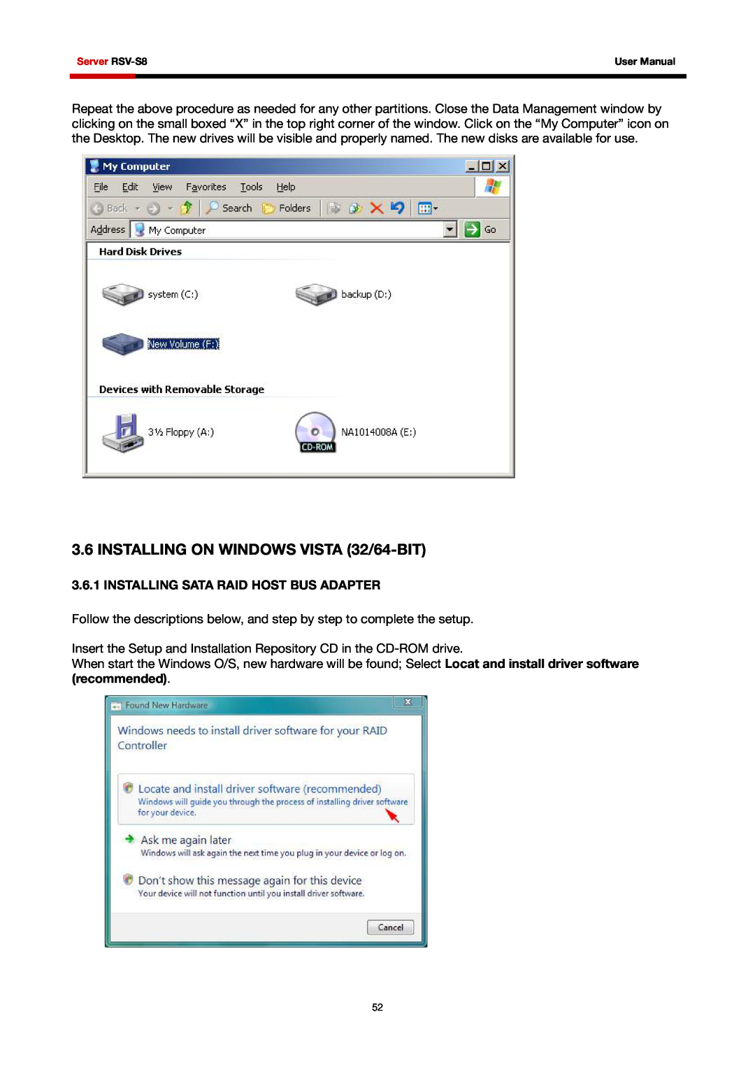 Rosewill RSV-S8 user manual INSTALLING ON WINDOWS VISTA 32/64-BIT, Installing Sata Raid Host Bus Adapter 