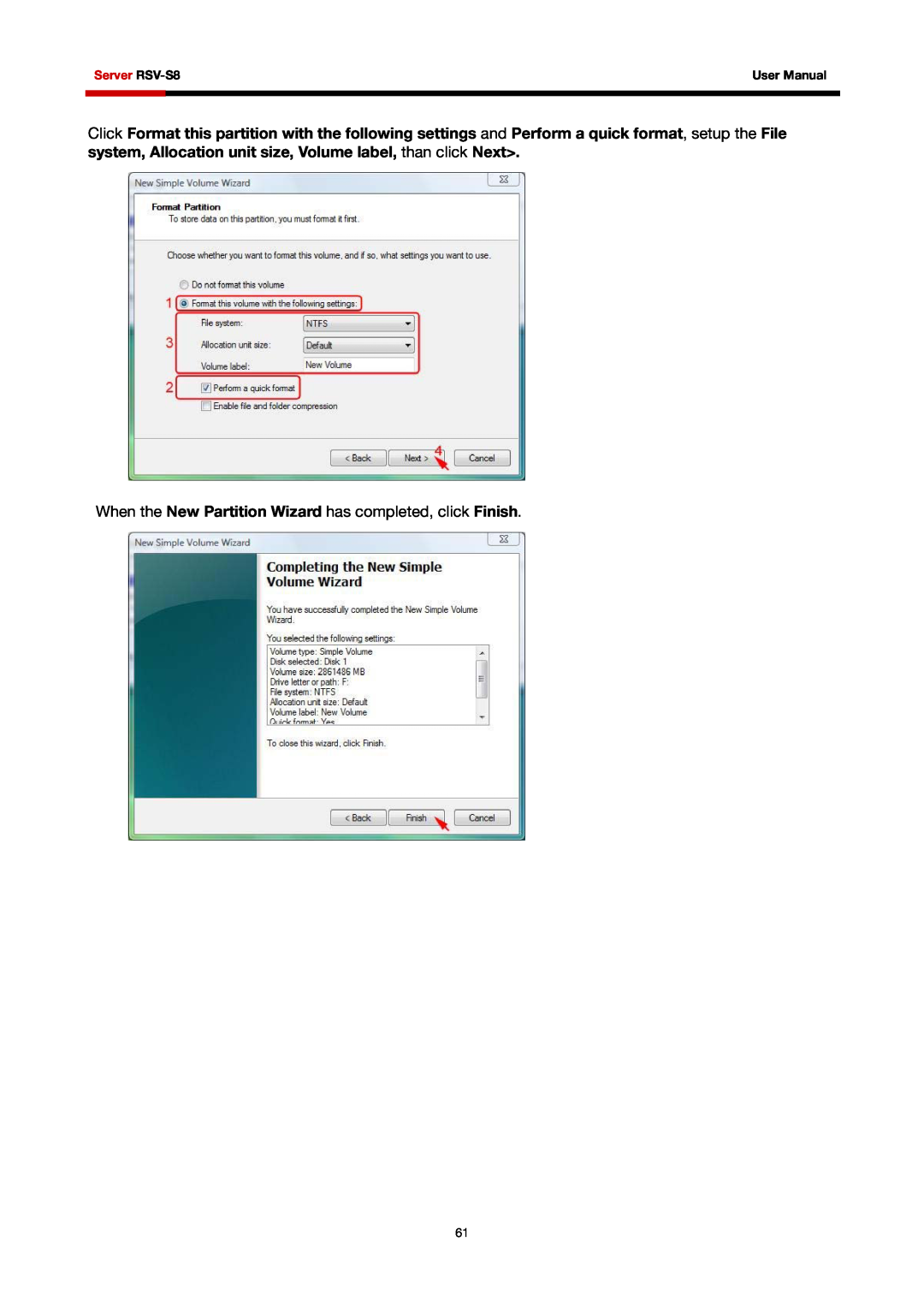 Rosewill user manual When the New Partition Wizard has completed, click Finish, Server RSV-S8, User Manual 