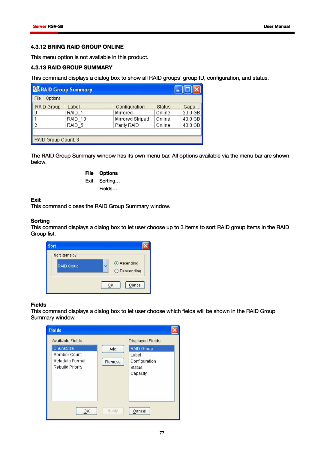 Rosewill RSV-S8 user manual Bring Raid Group Online, Raid Group Summary, Exit, Sorting, Fields 