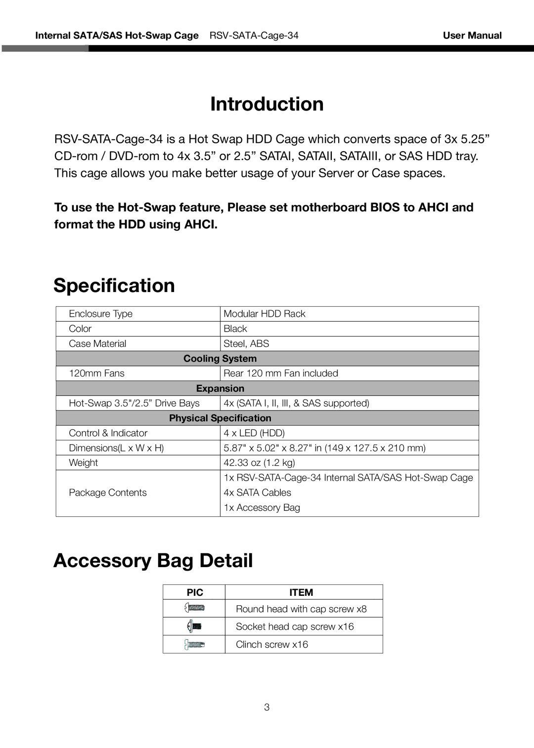 Rosewill RSV-SATA-Cage-34 user manual Introduction, Specification, Accessory Bag Detail 