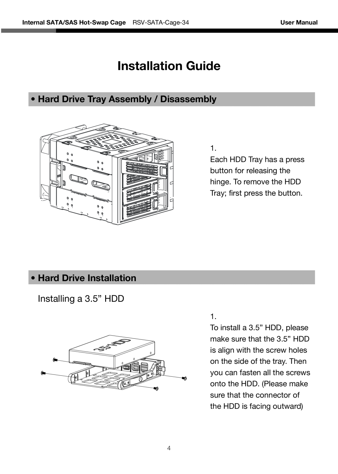 Rosewill RSV-SATA-Cage-34 user manual Installation Guide, Hard Drive Tray Assembly / Disassembly 