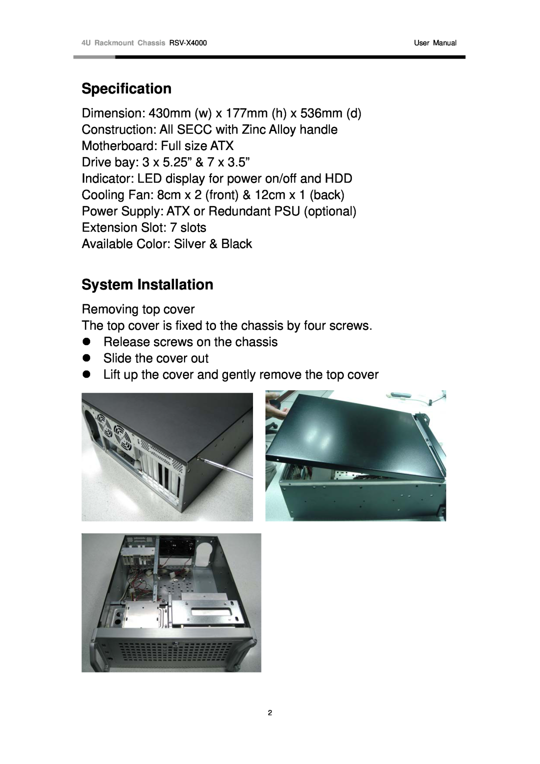 Rosewill RSV-X4000 user manual Specification, System Installation 