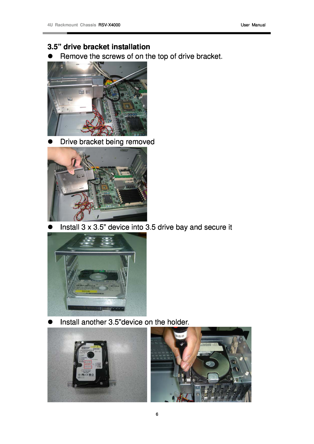 Rosewill RSV-X4000 3.5” drive bracket installation, z Remove the screws of on the top of drive bracket, User Manual 