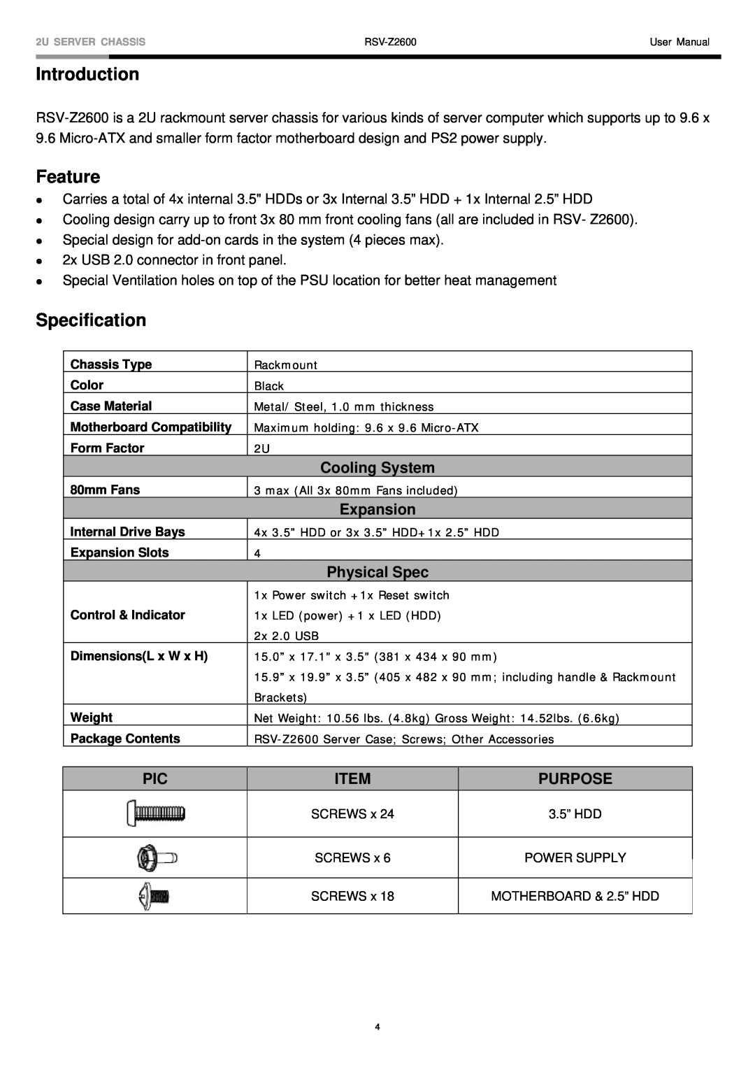 Rosewill RSV-Z2600 user manual Introduction, Feature, Specification, Cooling System, Expansion, Physical Spec, Purpose 