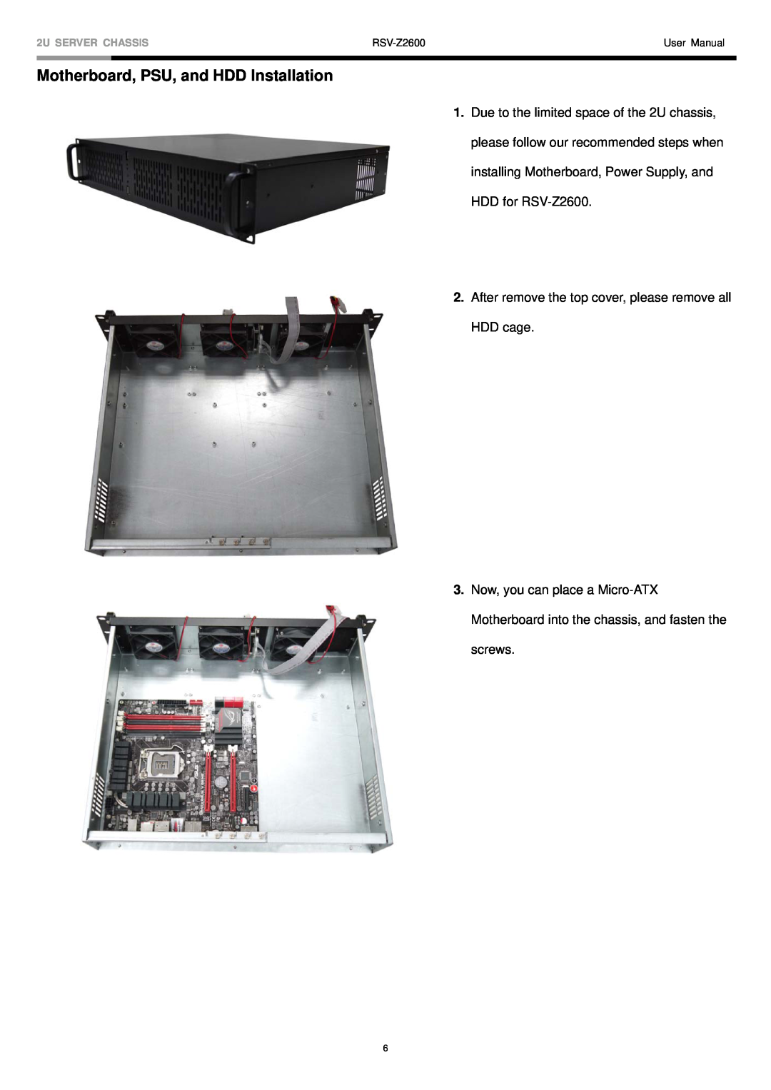 Rosewill RSV-Z2600 user manual Motherboard, PSU, and HDD Installation 