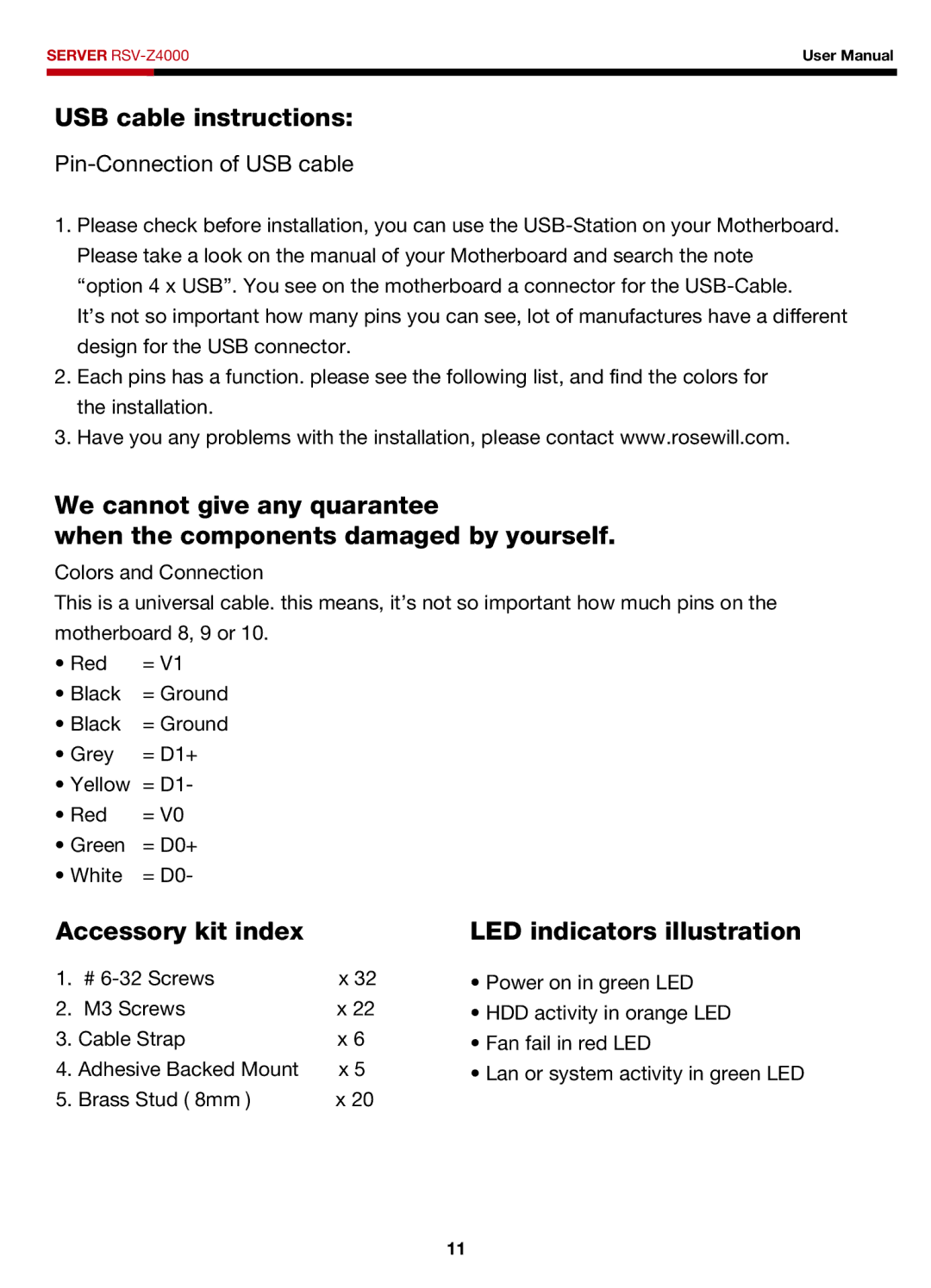 Rosewill RSV-Z4000 user manual USB cable instructions, Accessory kit index LED indicators illustration 