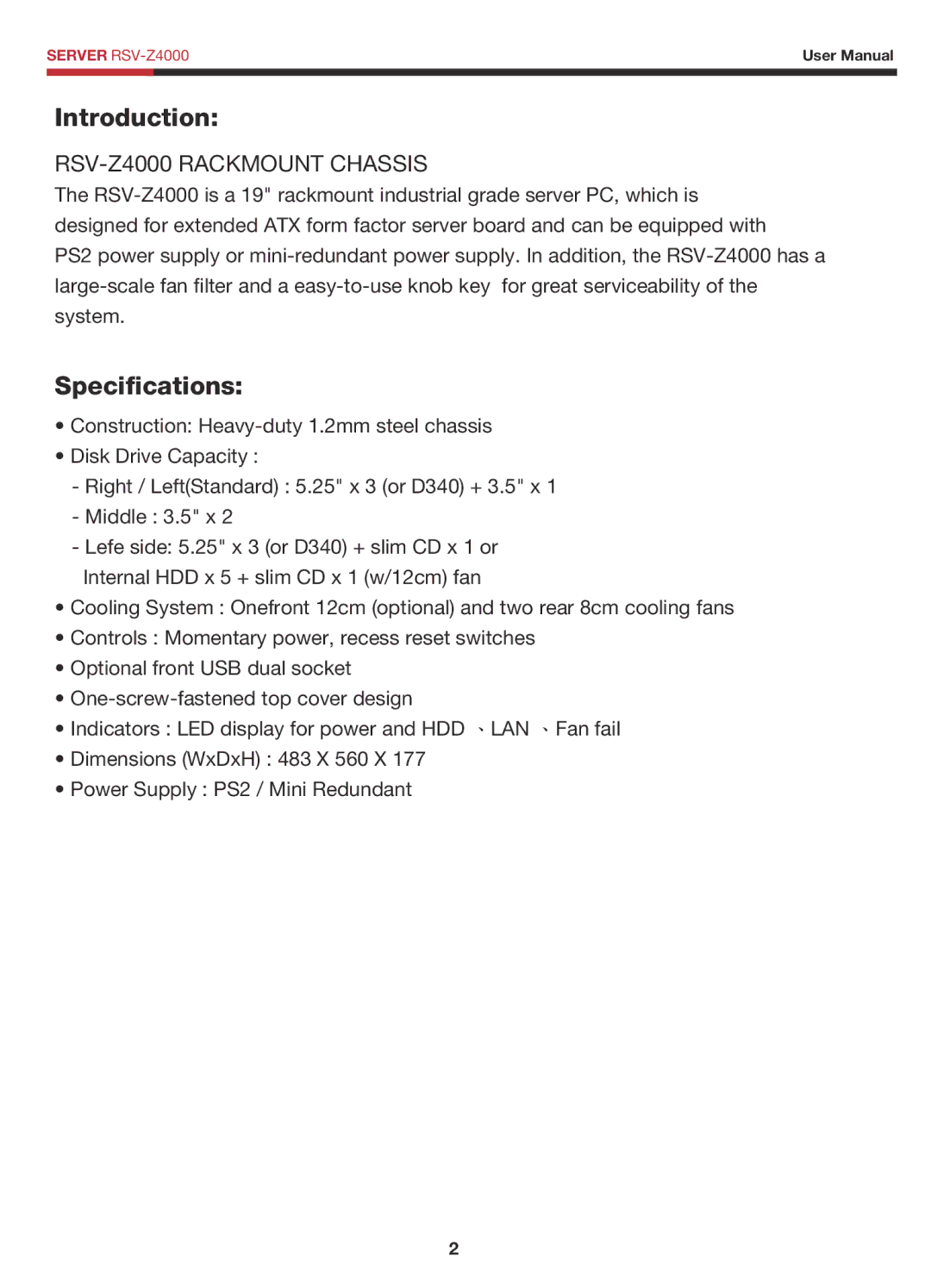 Rosewill RSV-Z4000 user manual Introduction, Specifications 