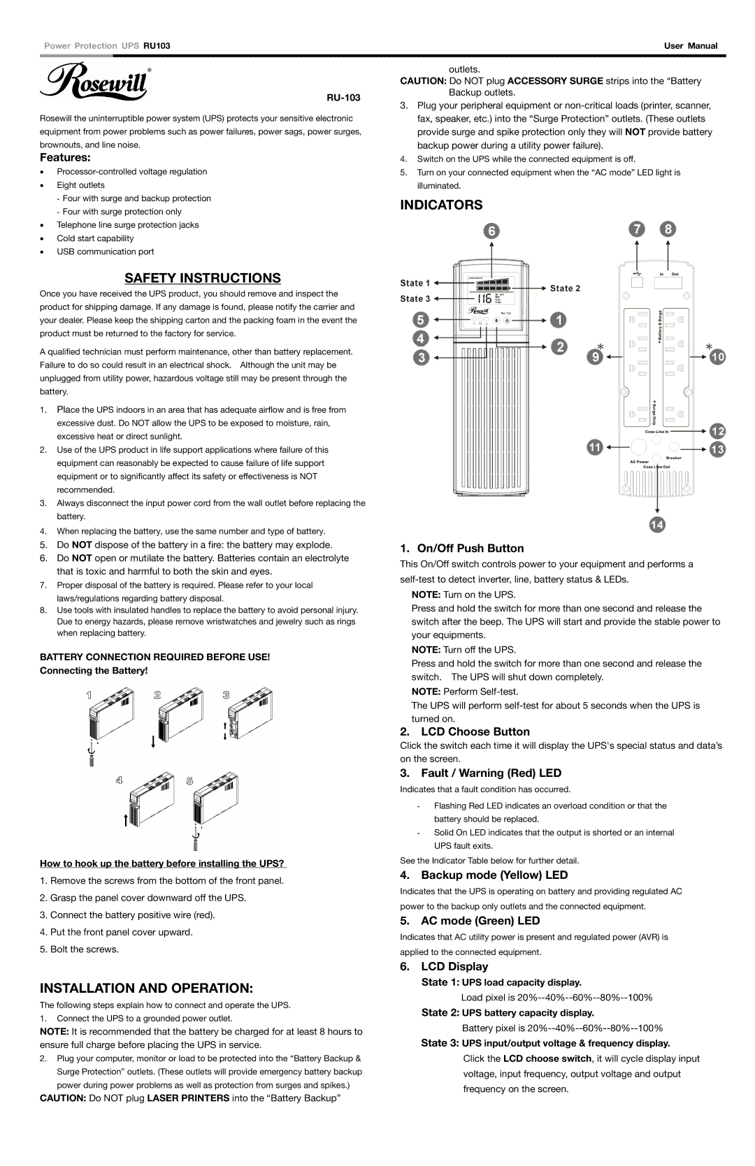 Rosewill RU-103 user manual Safety Instructions, Indicators, Installation and Operation 