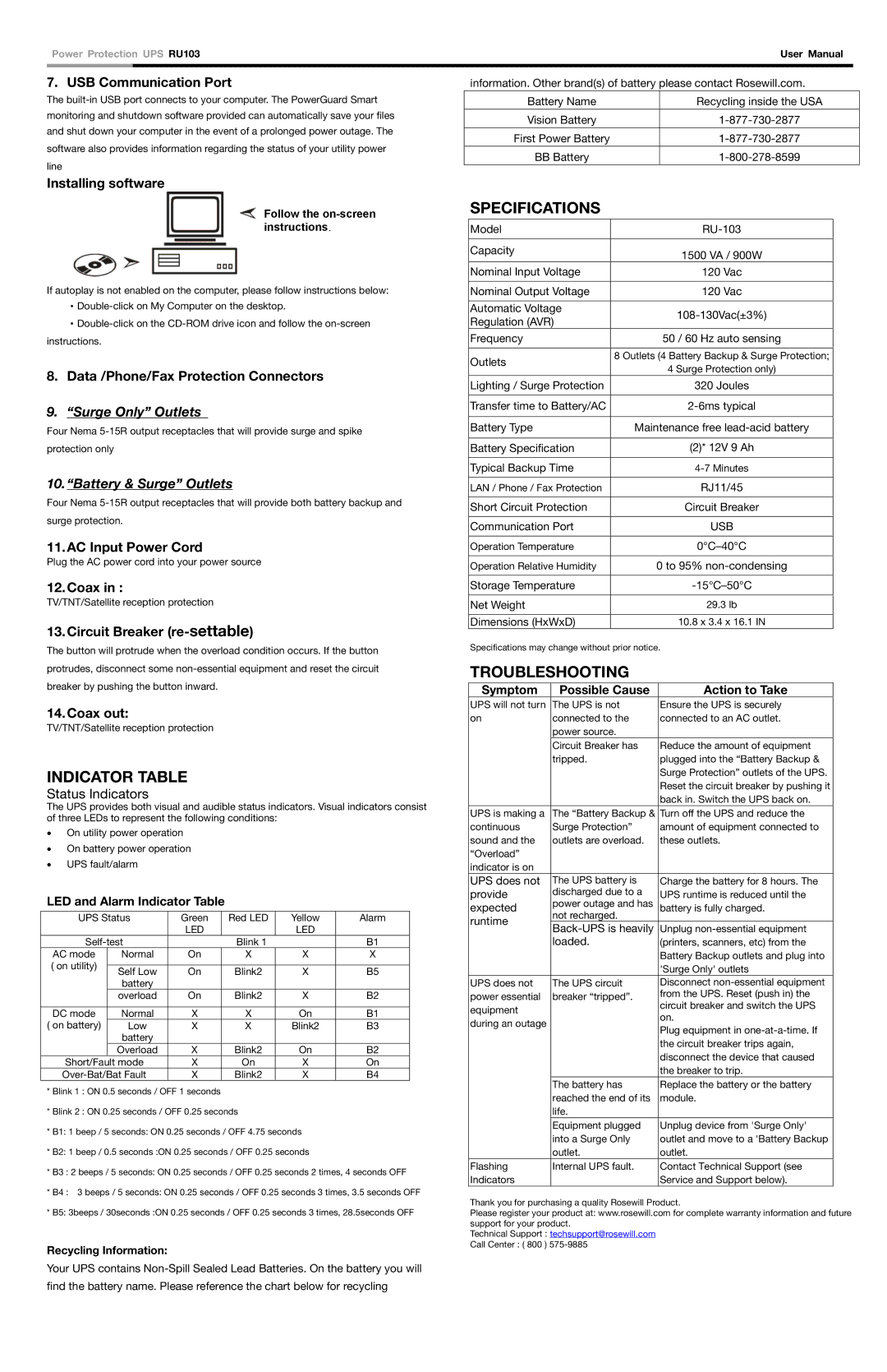 Rosewill RU-103 user manual Specifications, Indicator Table, Troubleshooting 