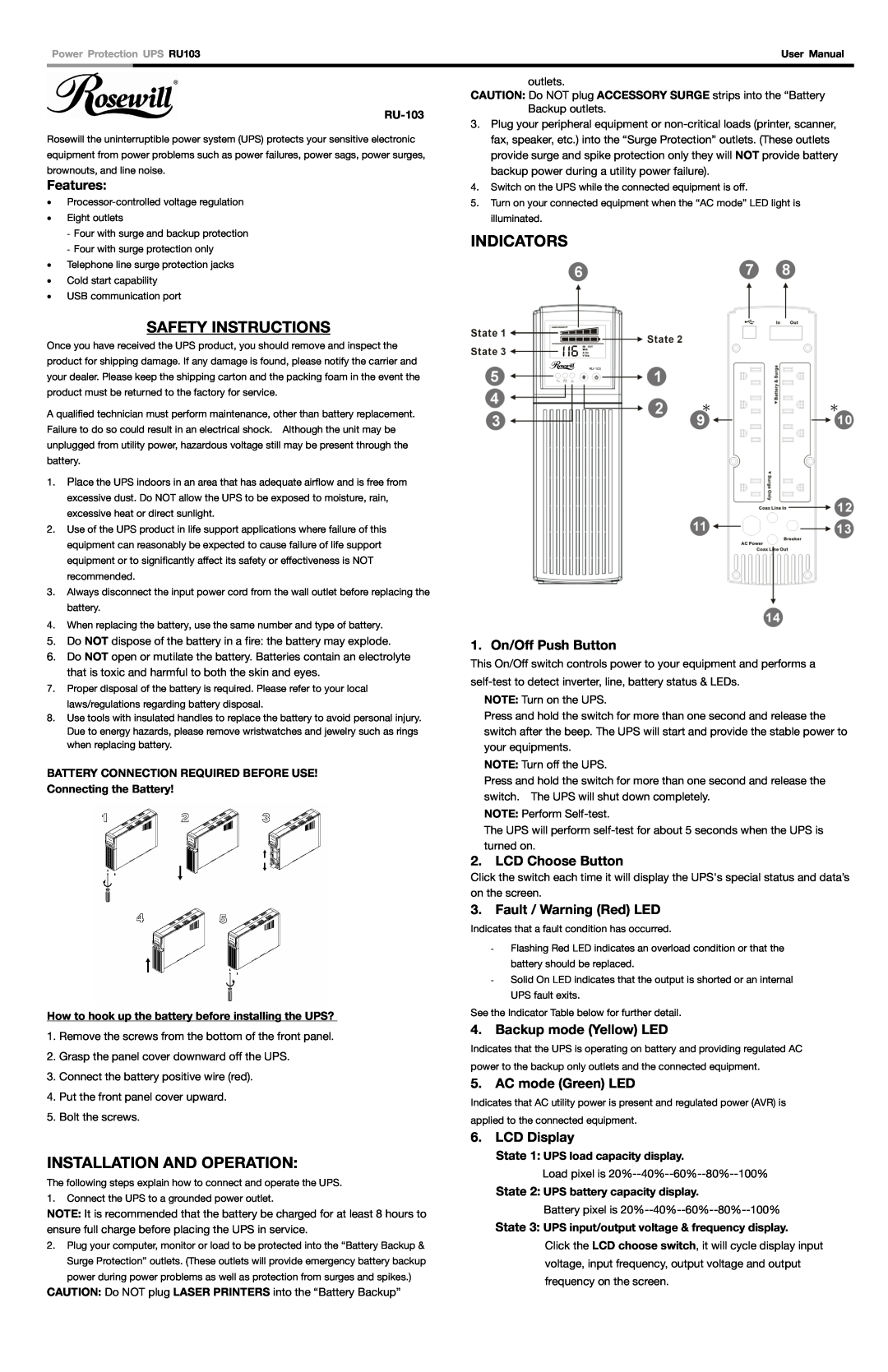 Rosewill RU-103 user manual Safety Instructions, Indicators, Installation And Operation, Features, 1. On/Off Push Button 