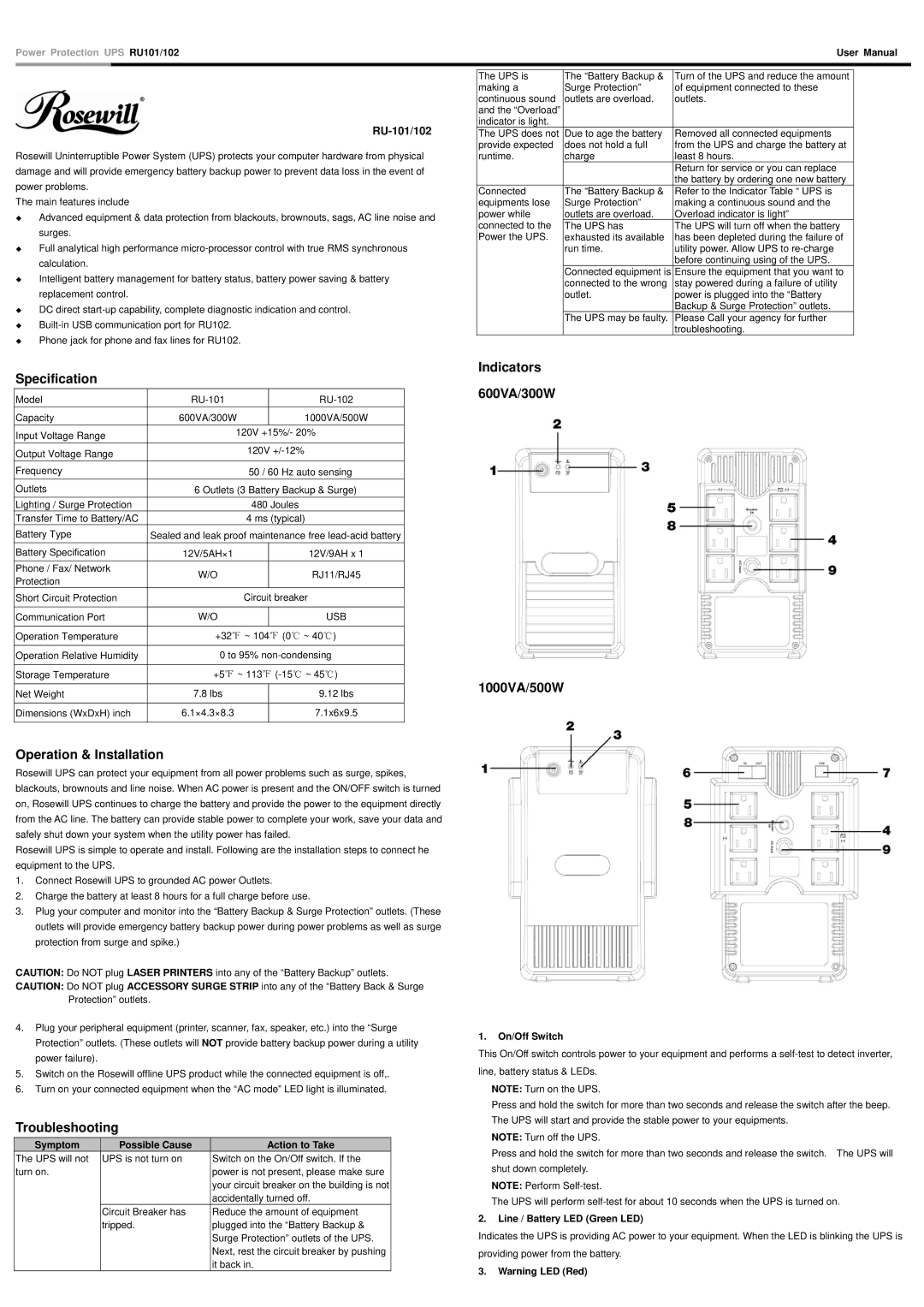 Rosewill RU102 user manual Specification, Operation & Installation, Troubleshooting, Indicators 600VA/300W 1000VA/500W 