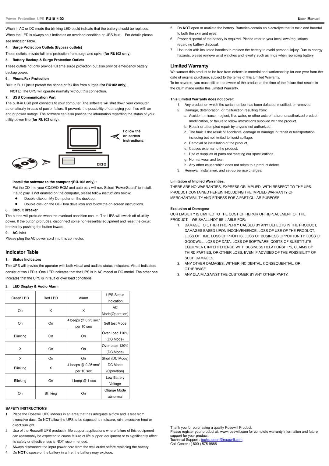 Rosewill RU101, RU102 user manual Limited Warranty, Indicator Table 