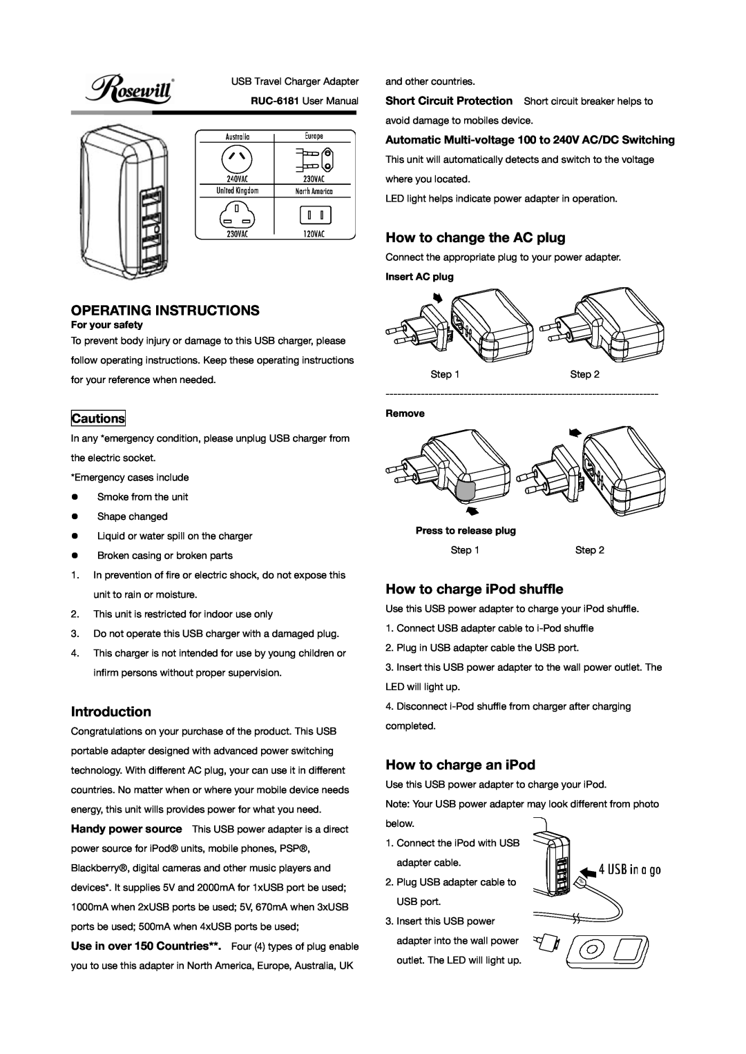 Rosewill RUC-6181 operating instructions How to change the AC plug, Operating Instructions, Introduction, Insert AC plug 