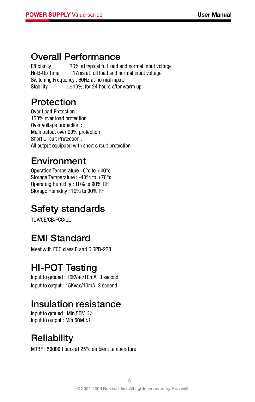 Rosewill RV-380-2-FRB Overall Performance, Protection, Environment, Safety standards, EMI Standard, HI-POT Testing 