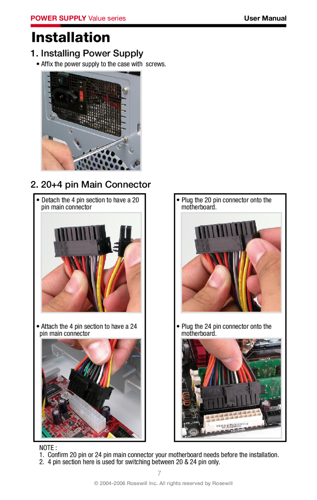 Rosewill RV-480-2-FRB, RV-430-2-FRB, RV-380-2-FRB user manual Installation, Installing Power Supply, 20+4 pin Main Connector 