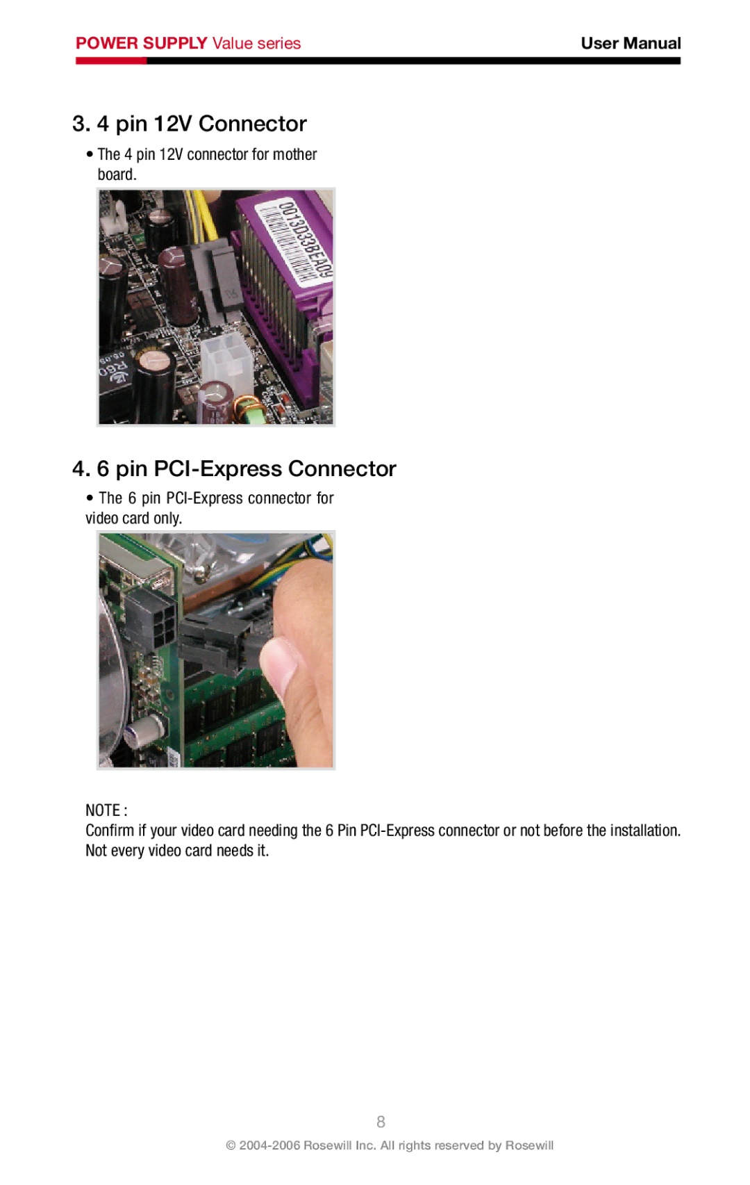 Rosewill RV-430-2-FRB, RV-380-2-FRB, RV-480-2-FRB user manual Pin 12V Connector, Pin PCI-Express Connector 